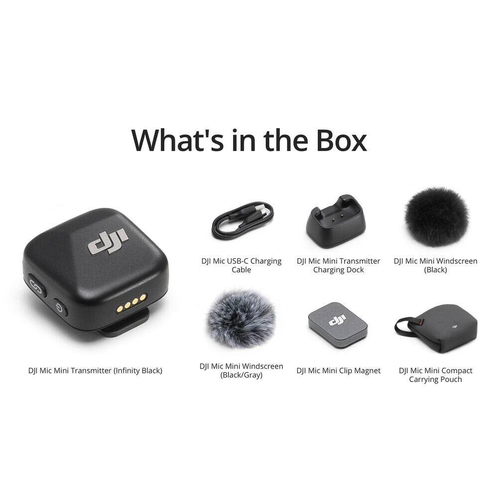 What's in the Box

- DJI Mic USB-C Charging Cable
- DJI Mic Mini Transmitter (Infinity Black)
- DJI Mic Mini Windscreen (Black/Gray)
- DJI Mic Mini Clip Magnet (Black/Gray)
- DJI Mic Mini Compact Carrying Pouch
- DJI Mic Mini Transmitter Charging Dock
- DJI Mic Mini Windscreen