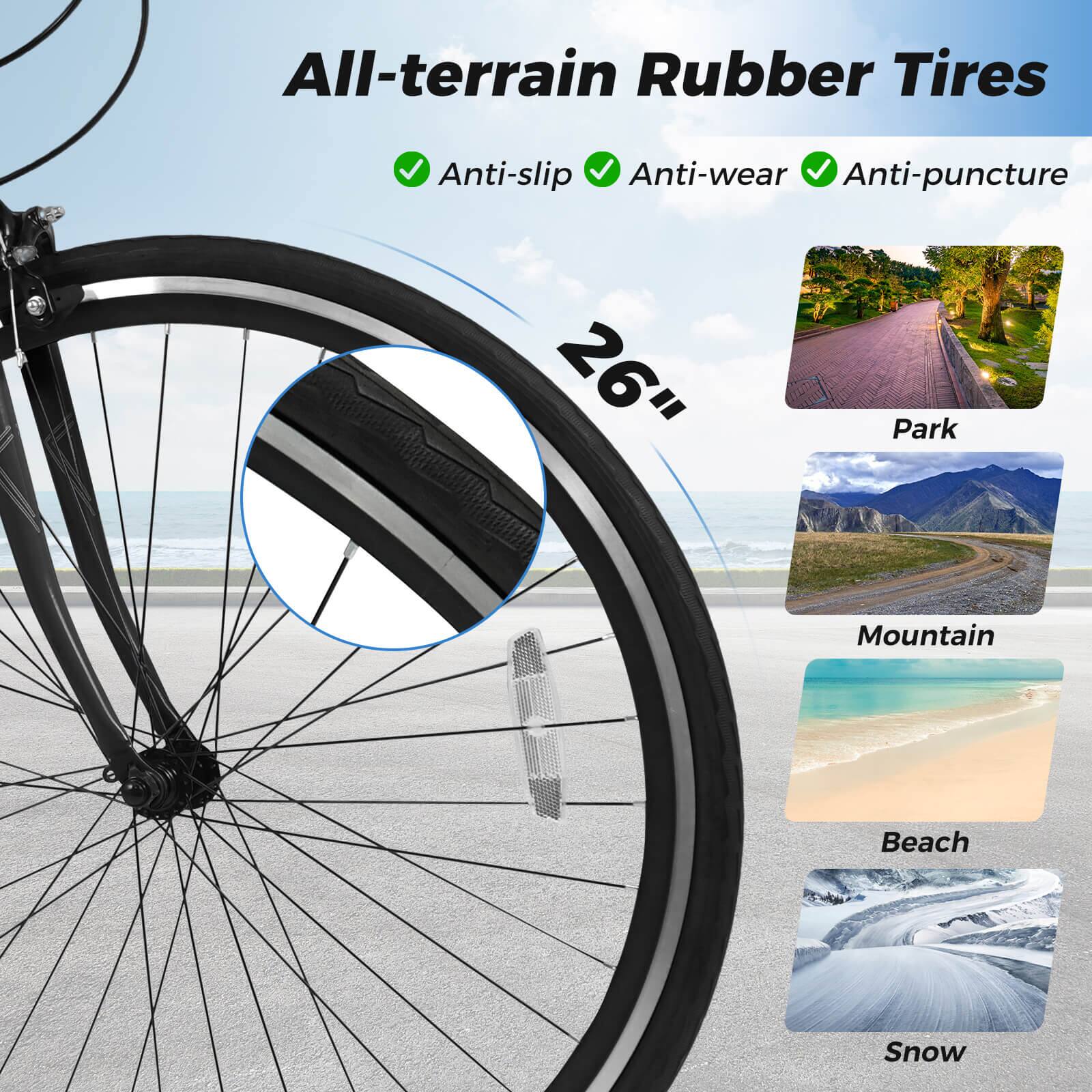 All-terrain Rubber Tires  
Anti-slip ✔️ Anti-wear ✔️ Anti-puncture ✔️  

26"  

Park  
Mountain  
Beach  
Snow