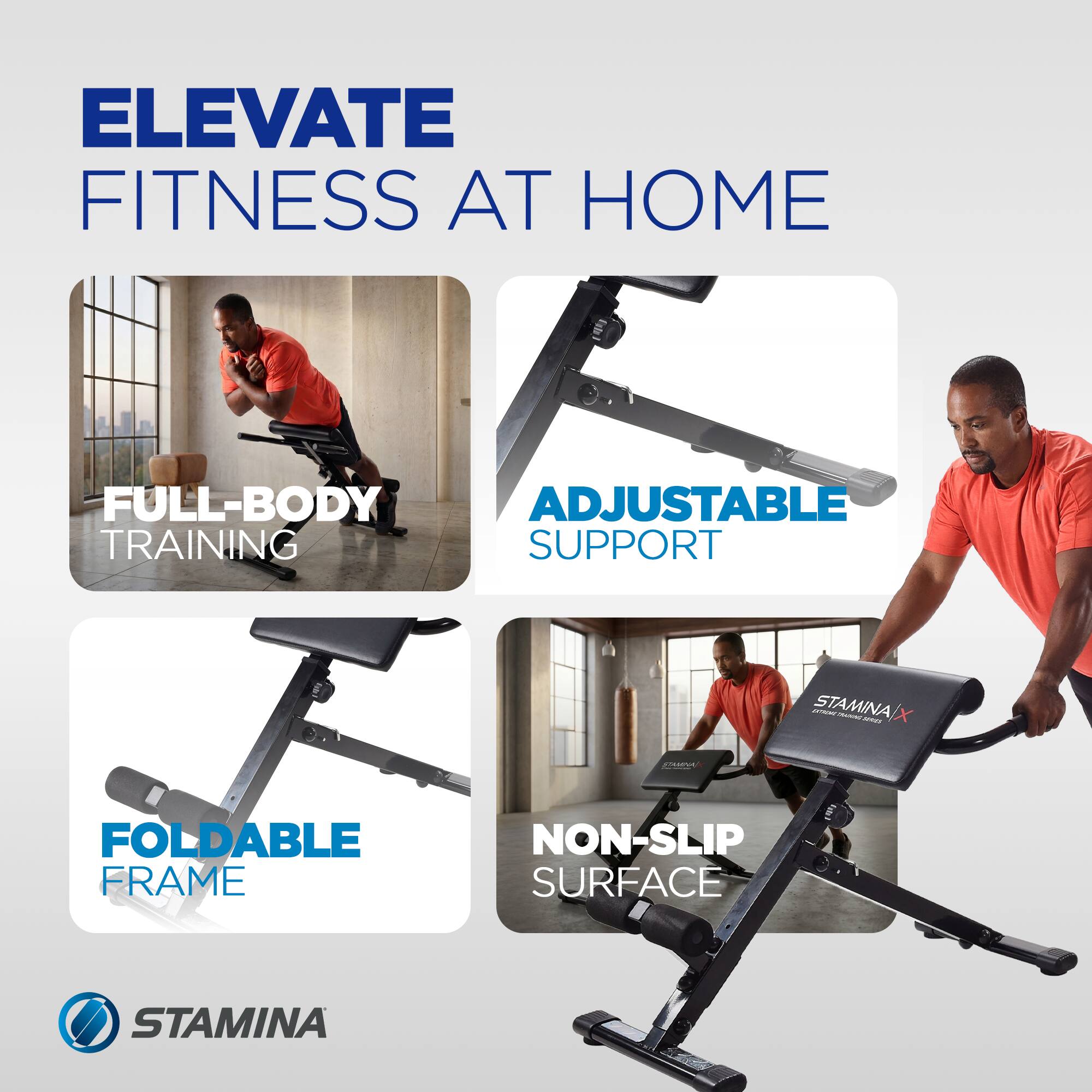 ELEVATE FITNESS AT HOME

- FULL-BODY TRAINING
- ADJUSTABLE SUPPORT
- FOLDABLE FRAME
- NON-SLIP SURFACE

STAMINA