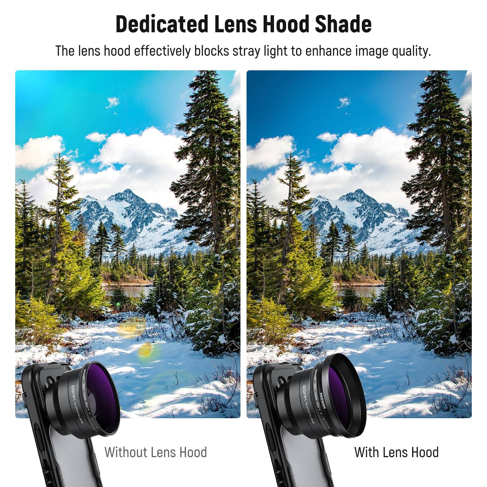 Dedicated Lens Hood Shade

The lens hood effectively blocks stray light to enhance image quality.

Without Lens Hood

With Lens Hood