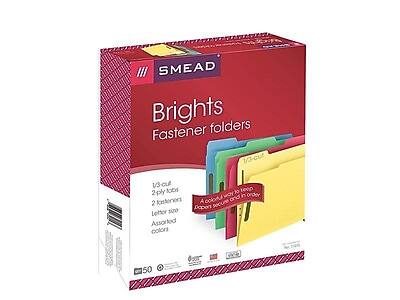 SMEAD  
Brights  
Fastener folders  

1/3-cut  
2-ply tabs  
2 fasteners  
Letter size  
Assorted colors  

A colorful way to keep important papers secure and in order  

50