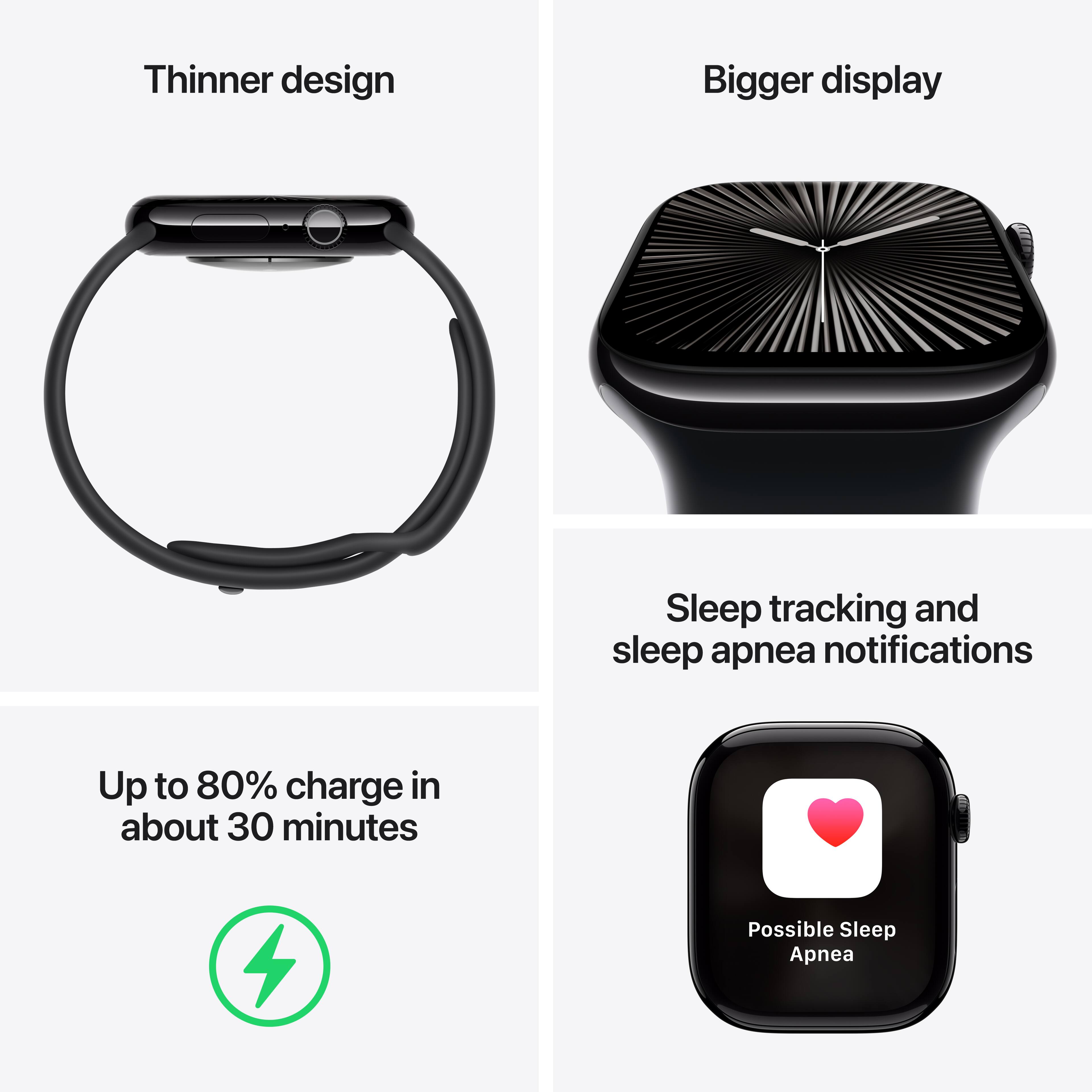 Thinner design Bigger display Sleep tracking and sleep apnea notifications Up to 80% charge in about 30 minutes Possible Sleep Apnea