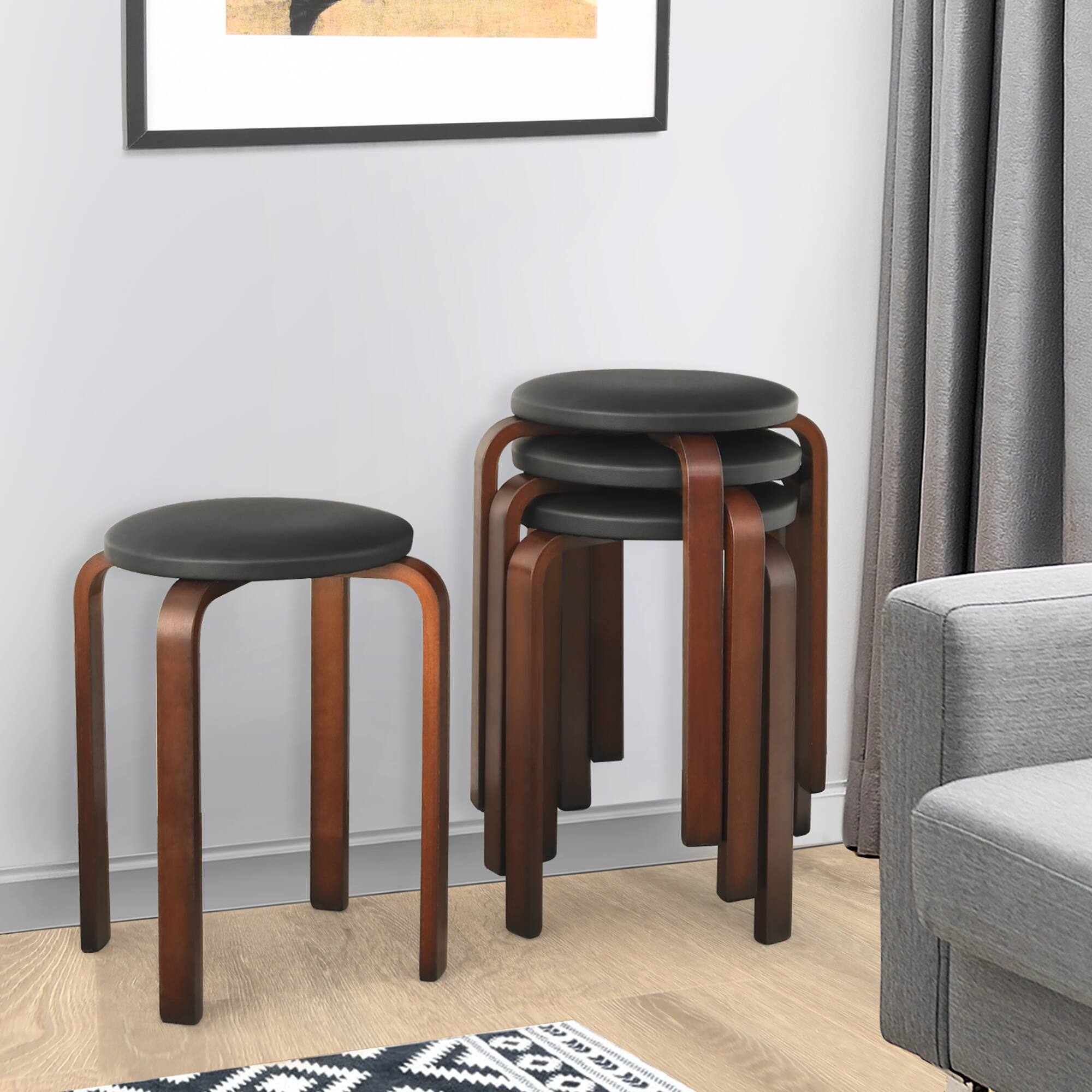 Alt View 2. Costway - Costway Set of 4 Bentwood Round Stool Stackable Dining Chair W/ Padded Seat - Black.