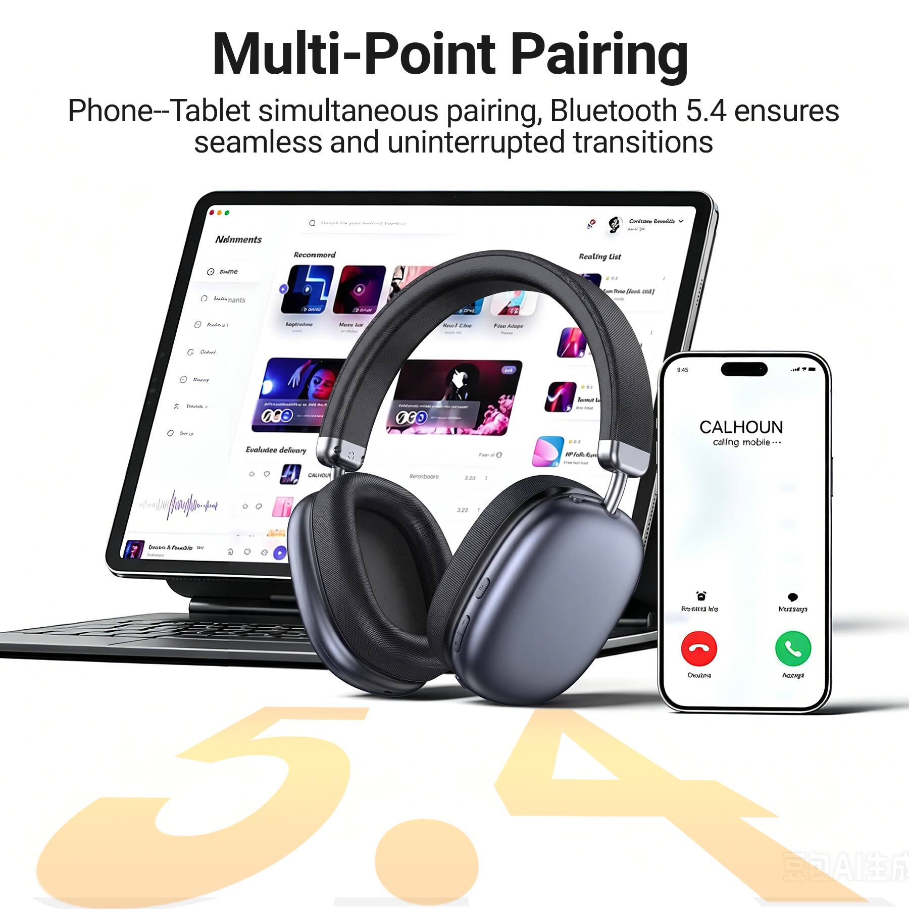 Multi-Point Pairing  
Phone-Tablet simultaneous pairing, Bluetooth 5.4 ensures seamless and uninterrupted transitions

Nonments  
bystal One rust  bredium  
Contary - 21  
Recommord  
Realing list  
twee  
W  
Inviments  
JUW  

30%  
flood out)  
Butter:  
Aaptratime  
Mana Lay  
Servel. Cline  
Fries Hoppe  
1  
Dated  
145  
Solve  
1:00  
4% and Being  
nso Evaludee delivary  
Milkers FIGU OCO C  
- Dlami  
2017.00 800 #falle  
CALHOUN calling mobile...  
CALHOUT  
Rercyboore  
323  
/  
323  
from facable in  
Recind We Meddago Chextina Accept 5.4 AI
