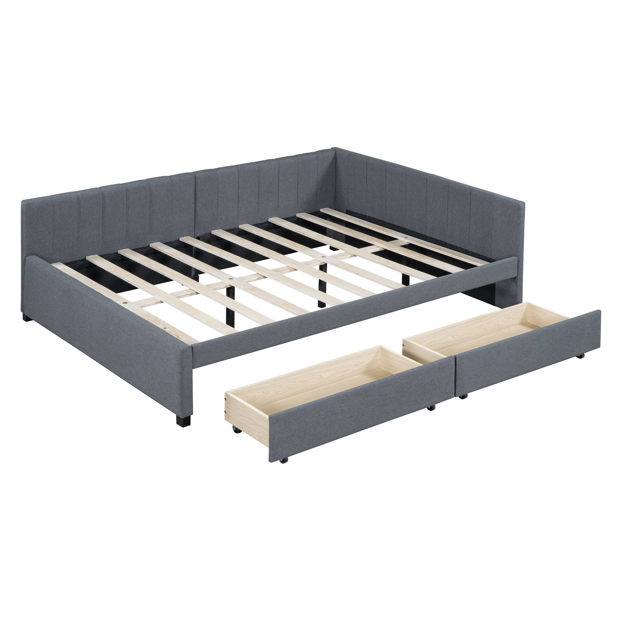 Alt View 2. Tiramisubest - Full Size Upholstered Daybed with 2 Storage Drawers Sofa Bed Frame No Box Spring Needed, Linen Fabric (Gray) - Gray.