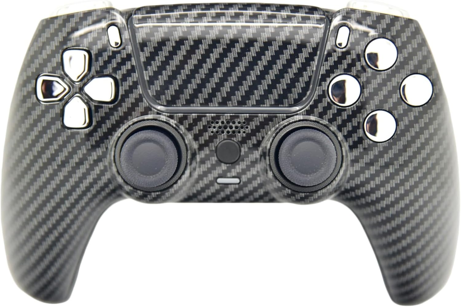 Front. Custom Controllerzz - Custom Wireless Controller for PS5 - Glossy Carbon Fiber & Silver Chrome Inserts.