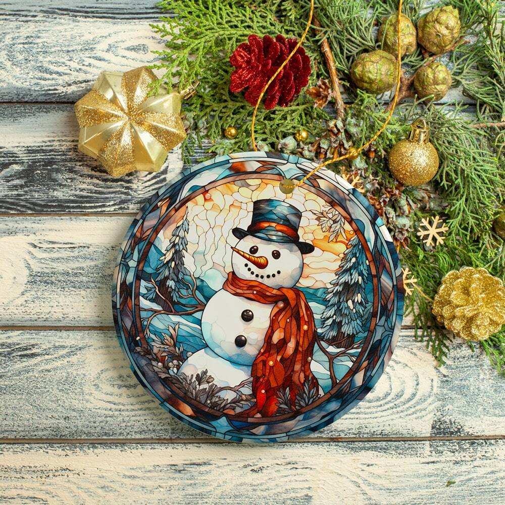 Back. OrnamentallyYou - Elegant Snowman Stained Glass Themed Ceramic Christmas Ornament - Multi-colored.