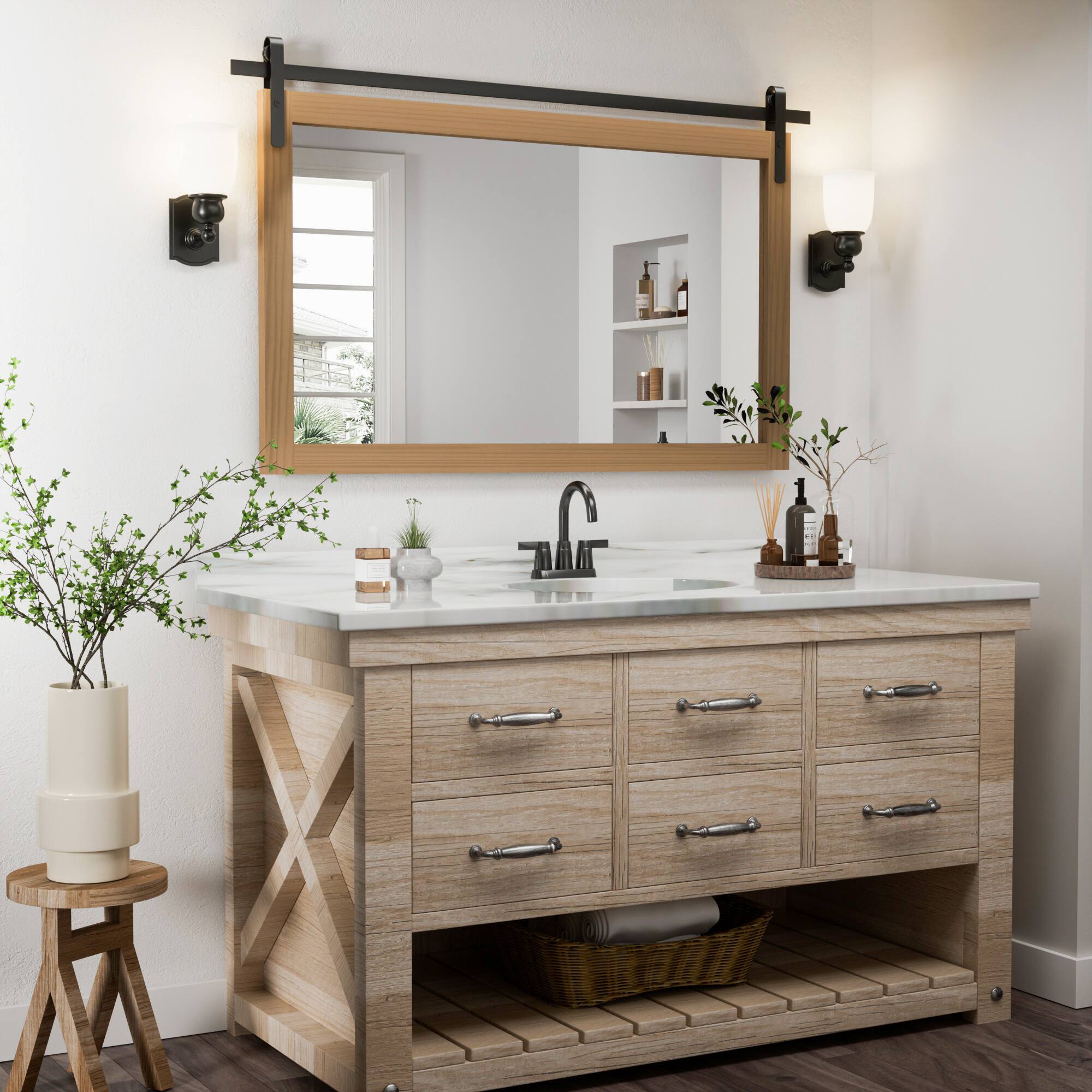 Back. PAIHOME - Rectangular Mirrors 40"x26" Wood Frame Wall Mirror Bathroom Mirror Bedroom Vanity Mirror Living Room Decor - Brown.