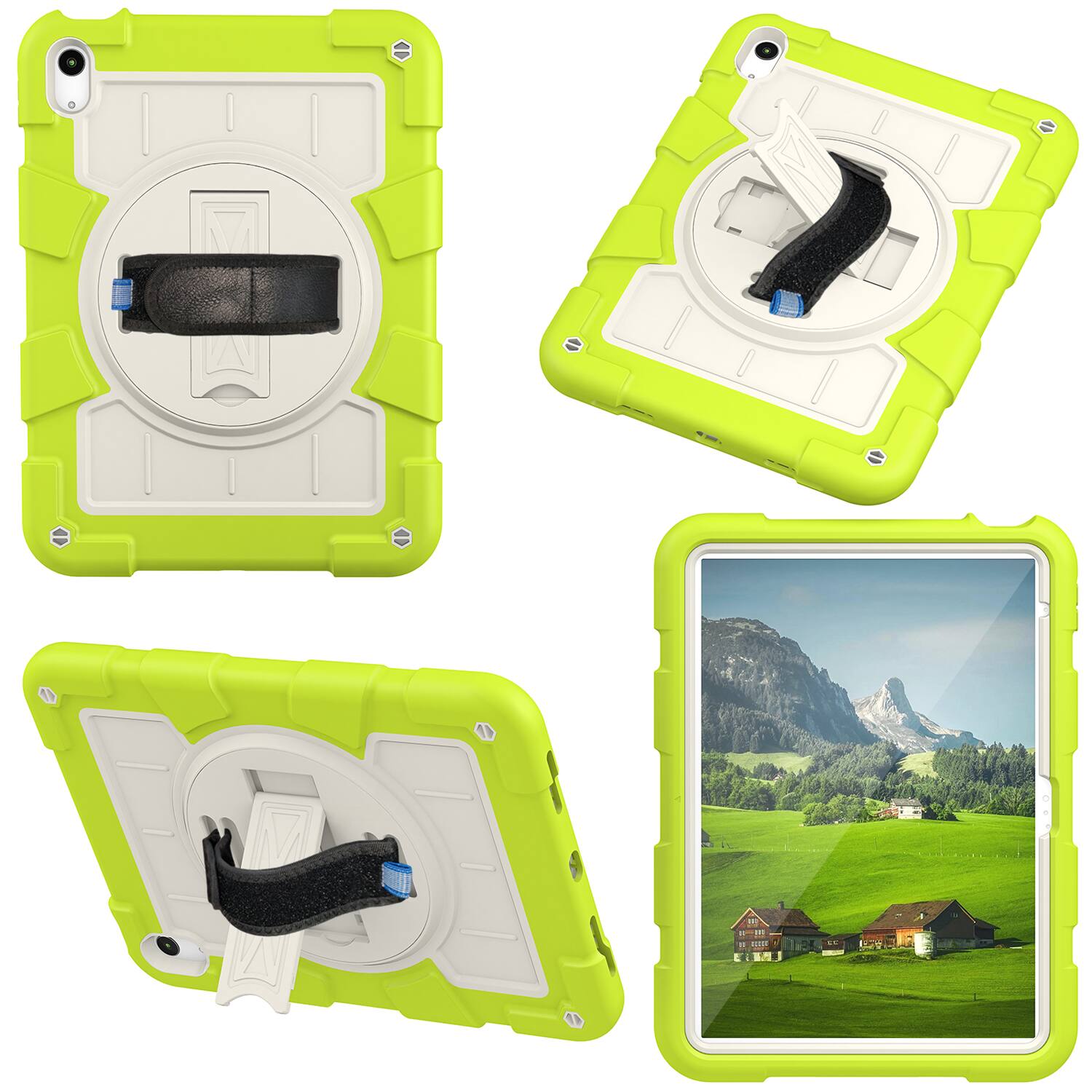Left. Dteck - Heavy Duty Rugged Case for Apple iPad (A16) 11" 2025 & iPad 10.9" (10th Gen 2022),With Built-in Kickstand+Shoulder Strap - Green.