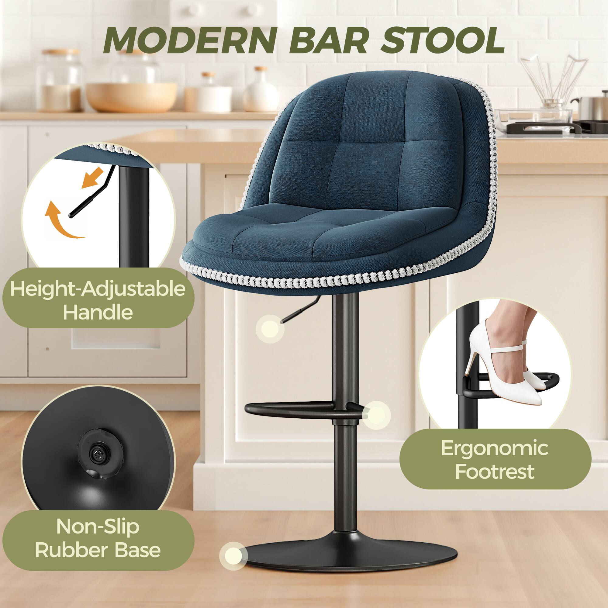 MODERN BAR STOOL

- Height-Adjustable Handle
- Ergonomic Footrest
- Non-Slip Rubber Base