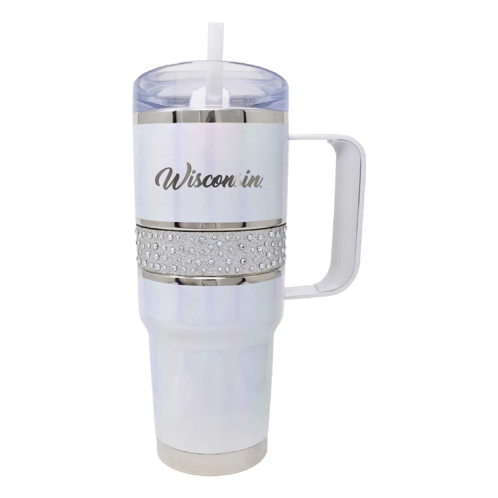 Photos - Glass Nordic Company - Wisconsin Badgers 32oz. MyBevi Rhinestone Hollywood Travel Mug - White 202292490