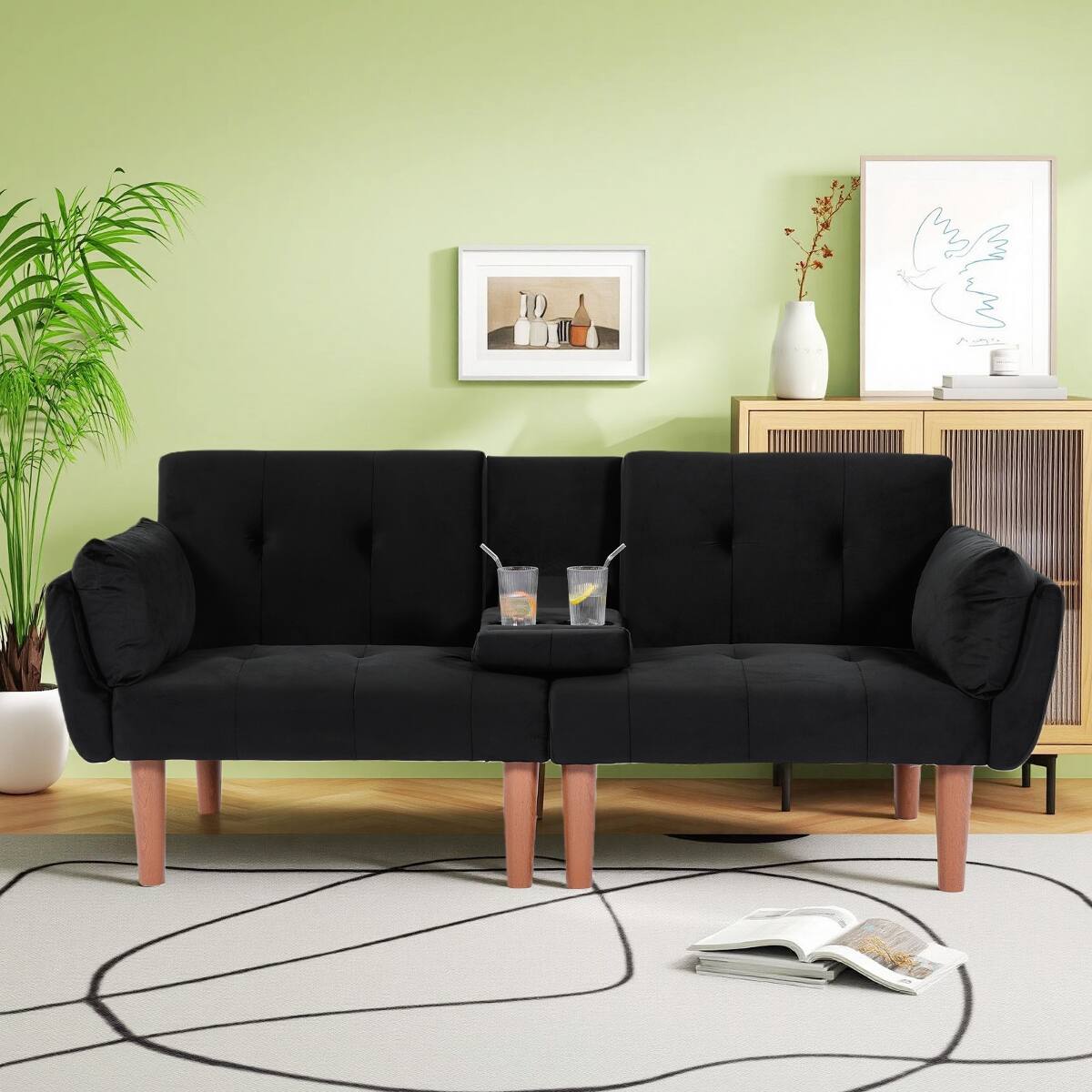 Angle. Ropilly - Ropilly Black Velvet Loveseat, 72 Inch Foldable Sofa, 2 Person Couch for Living Room Apartment - Black.