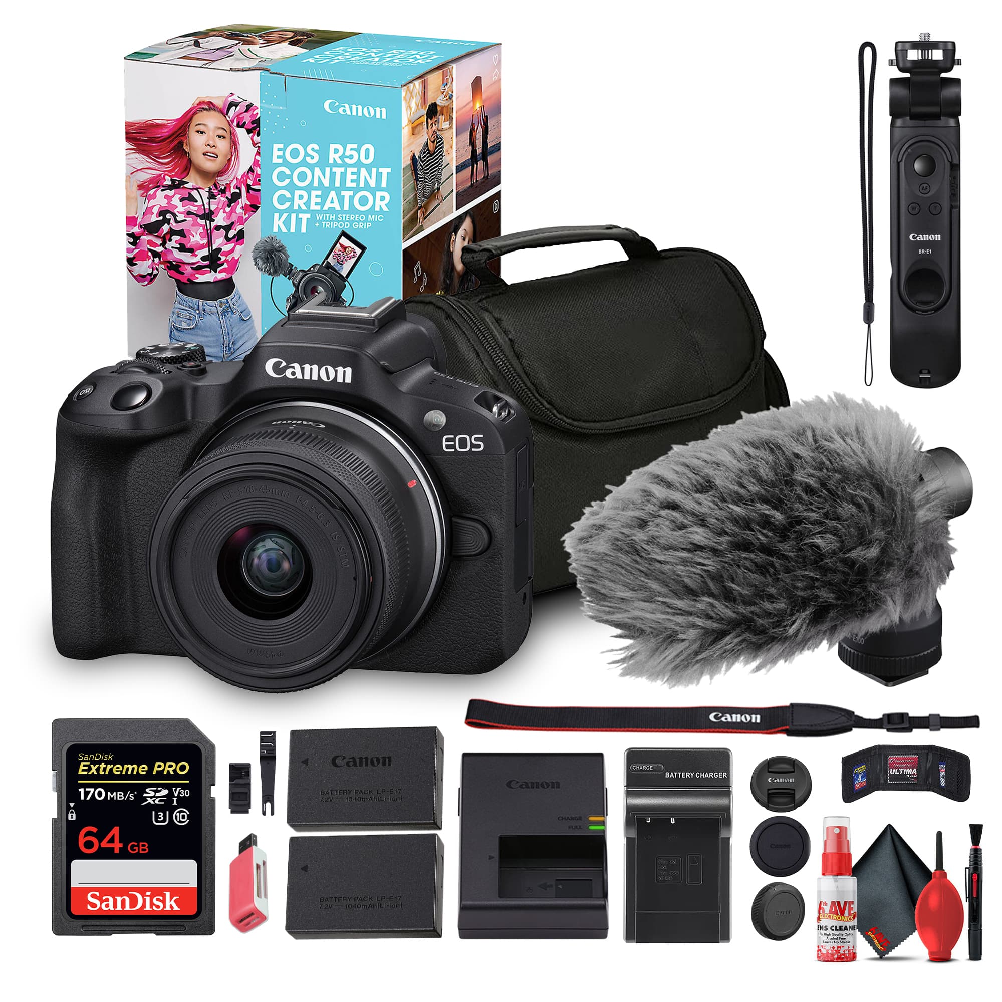 Canon - EOS R50 Mirrorless Camera with 18-45mm Lens Creator Kit (Black) + 64GB Card + Bag + More (International Model)