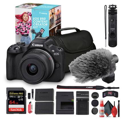 Canon EOS R50 Content Creator Kit with Stereo Mic, Tripod Grip, and Cabos. Canon EOS 62 Men T e BSM M Canon Sanctick Extreme PRO 170 MB/s 30 XC I 3 0 64 GB Canon SASTime Pn - Canon I - BATTER CTARGER / MTIA i SanDisk NATIERT FOE 1: CARLANL AVE - TLEAN
