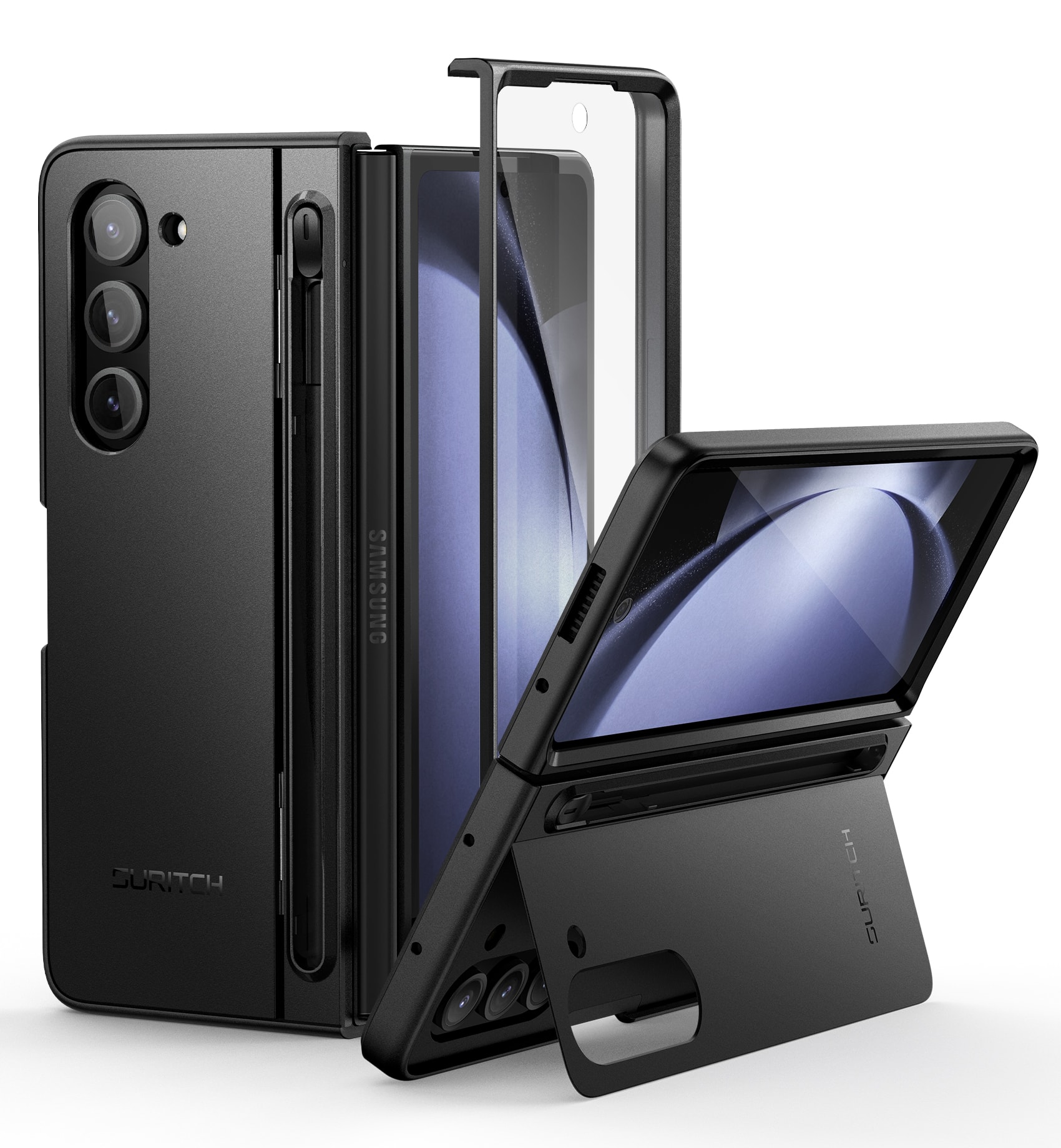 SURITCH - Phone Case for Samsung Galaxy Z Fold 5 with Screen Protection, Kickstand, S Pen Holder,Protective Bumper Cover - Black