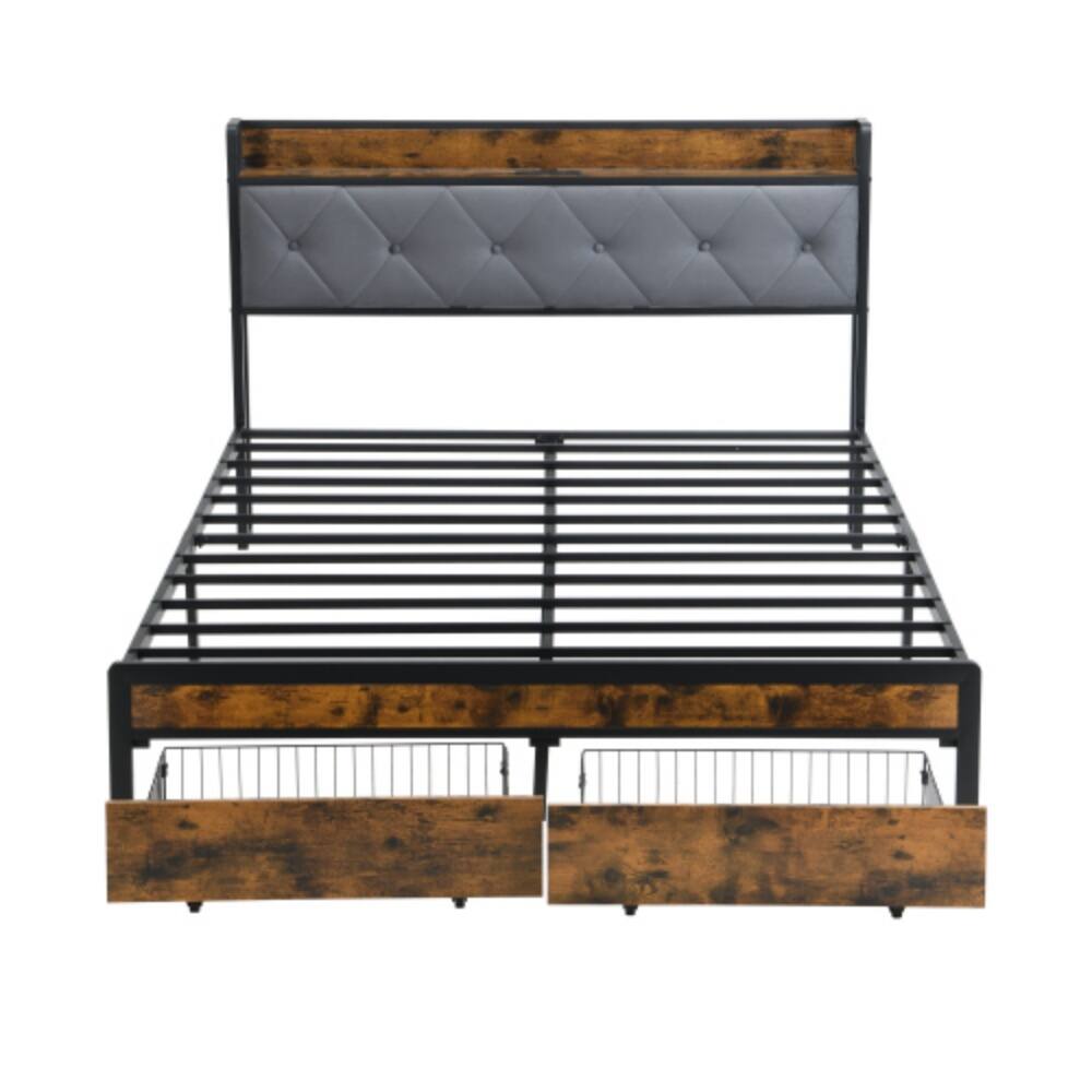 Alt View 3. LUCKY ONE - King Size Bed Frame with Upholstered Headboard, LED Lights, USB Charging Station, 2 Drawers, No Box Spring Needed - Brown+Gray.