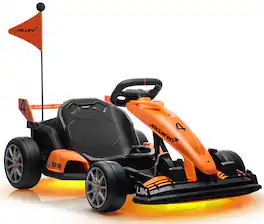 FIRST RIDE ON - Licensed McLaren Electric Go Kart for Kids, 24V 7AH Battery Powered Drift Kart Car, Ride on Crazy Cart for Kids - Orange
