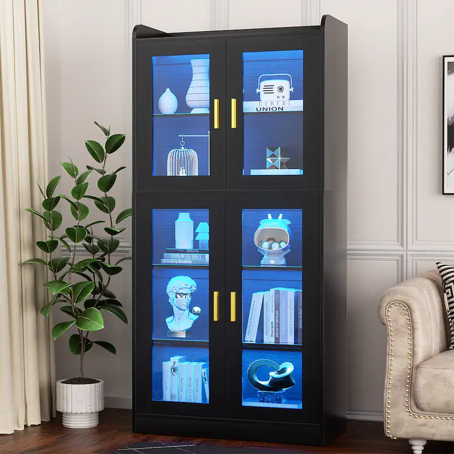 Rgb Bookcase Aheaplus 6 Shelf Bookcase with 4 Glass Doors, 67.4'' Tall Display ...