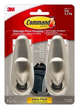 Command - Large Hook, 5 lb., 2 Hooks, 4 Strips/Pack - Brushed Nickel