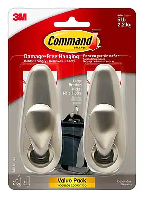 3M Command Brand
Damage-Free Hanging
Holds Strongly • Removes Cleanly
Para colgar sin dañar
Sujeta firmemente • No deja residuos al retirar
Large Brushed Nickel Metal Hooks
Ganchos grandes de metal chapado en níquel
5 lb
2,2 kg
Value Pack
Paquete Económico
Decorative
Decorativo
2 Hooks
4 Hooks