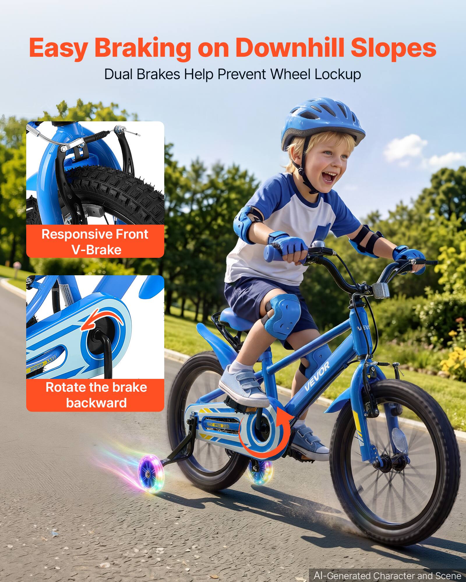 Easy Braking on Downhill Slopes  
Dual Brakes Help Prevent Wheel Lockup  

Responsive Front V-Brake  

Rotate the brake backward  

VEVOR  

AI-Generated Character and Scene