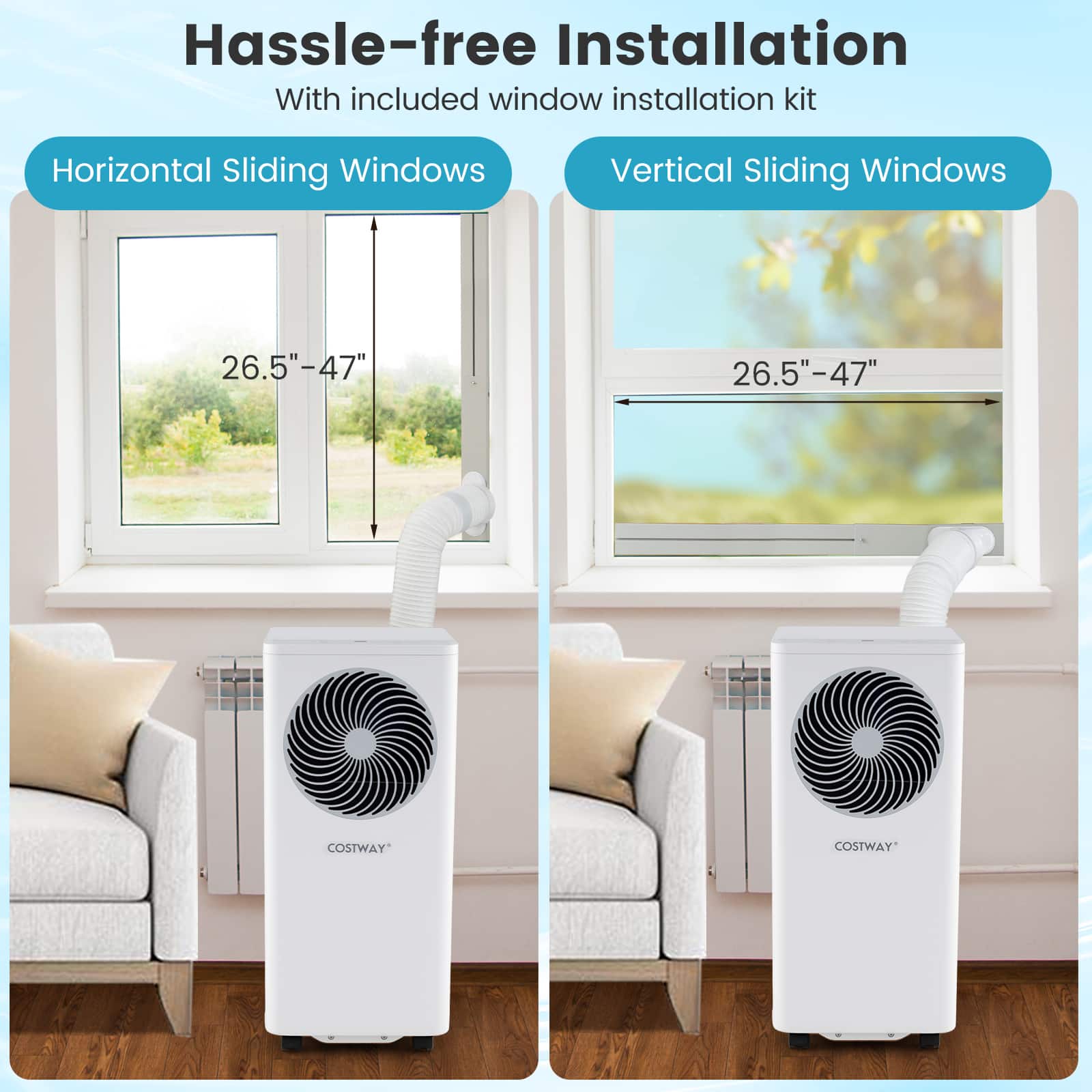 Hassle-free installation with included window installation kit. Horizontal sliding windows and vertical sliding windows are available in sizes of 26.5"-47". The brand featured in the image is Costway.
