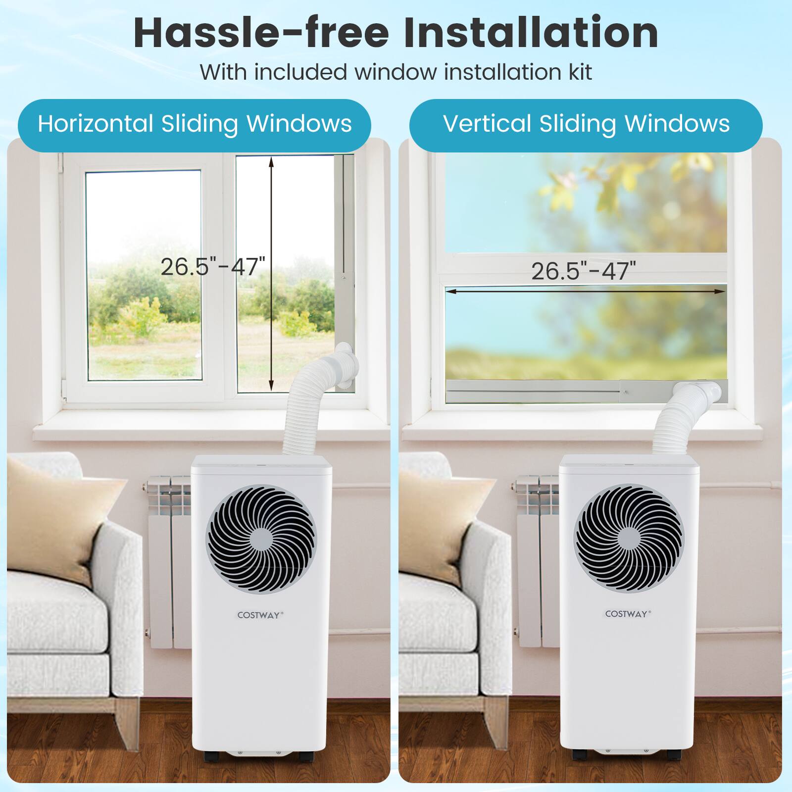 Hassle-free installation with included window installation kit. Horizontal sliding windows and vertical sliding windows are available in sizes of 26.5"-47". The brand featured in the image is Costway.