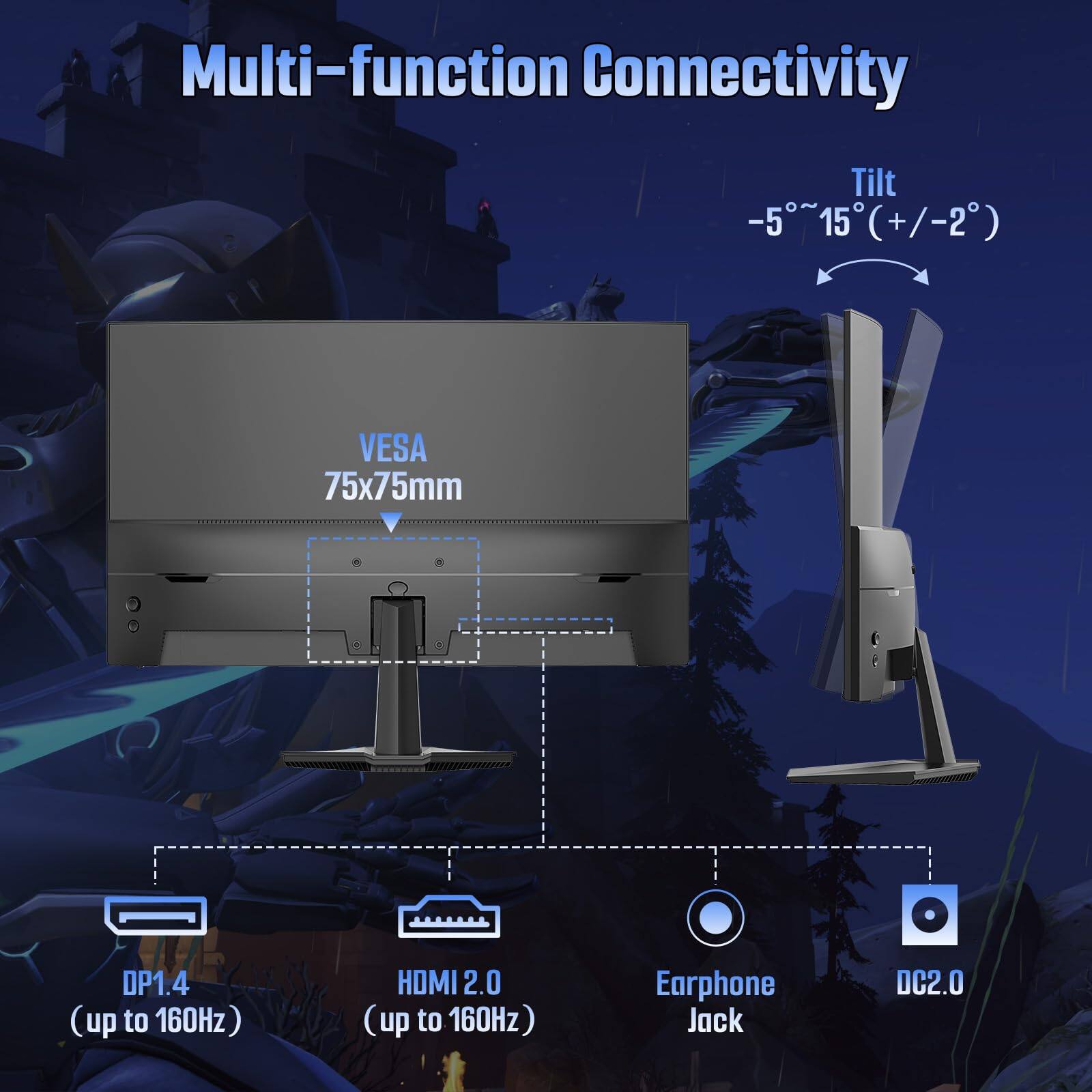 Multi-function Connectivity

- Tilt: -5° to 15° (+/-2°)
- VESA: 75x75mm
- DP1.4 (up to 160Hz)
- HDMI 2.0 (up to 160Hz)
- Earphone Jack
- DC2.0