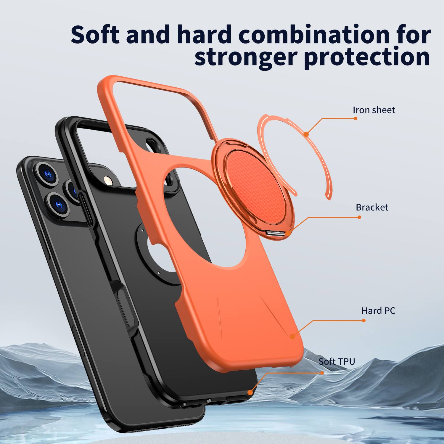 Soft and hard combination for stronger protection

Iron sheet
Bracket
Hard PC
Soft TPU