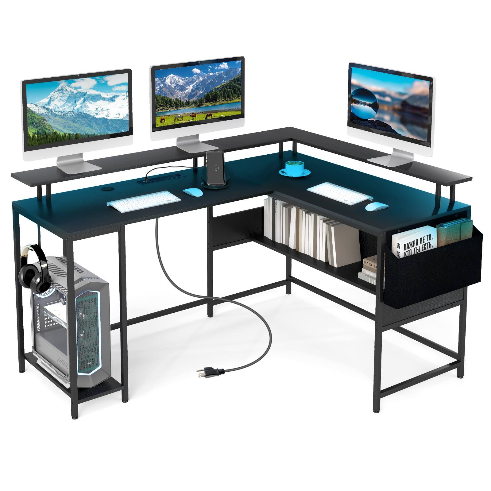 Gymax - L-Shaped Gaming Desk w/ LED Lights & Power Outlets Monitor Stand Fabric Bag - Black