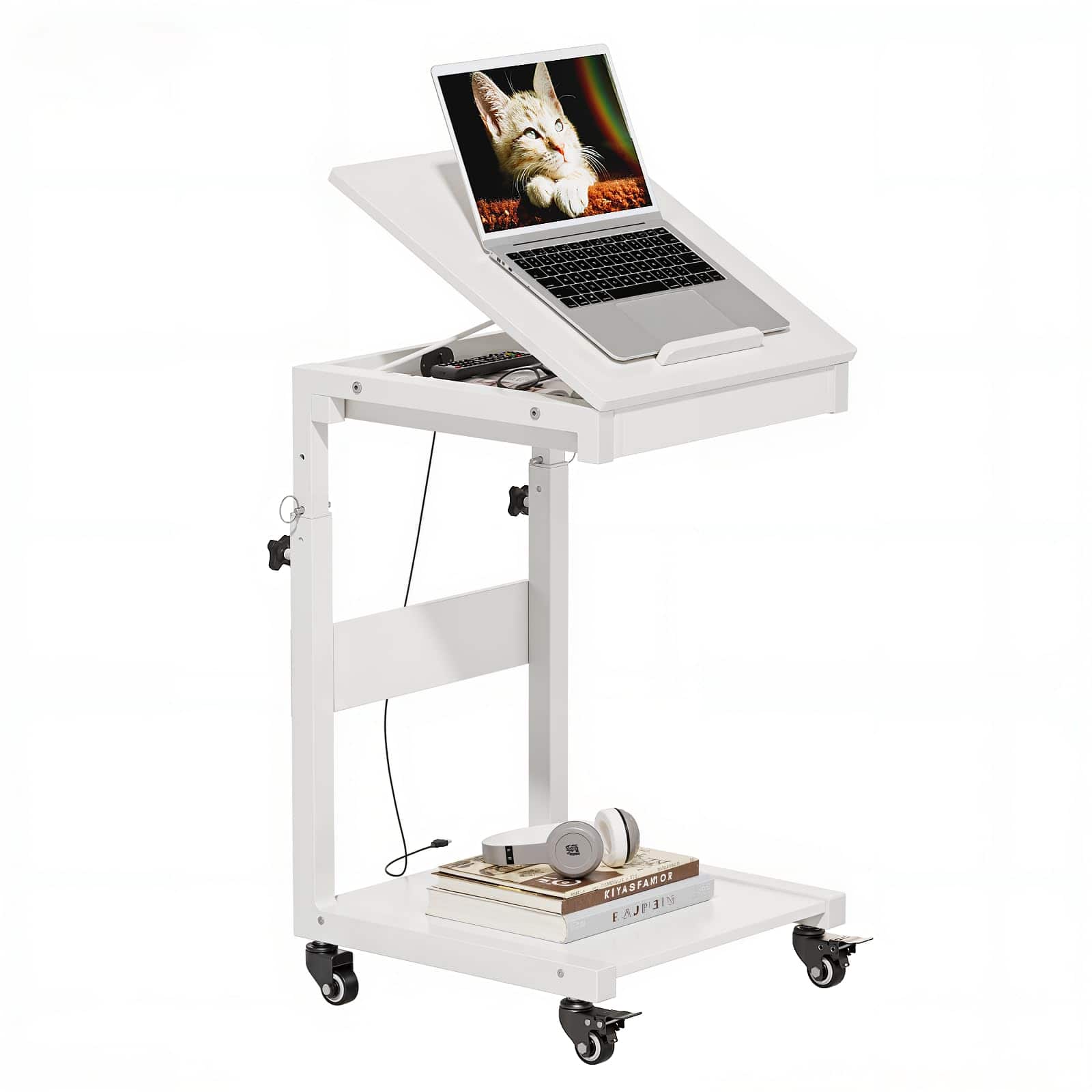 Fabibe - C Shaped End Table With Height Adjustable & Storage Rolling Side Wheels Couch Tiltable Desktop Usb Charging - White