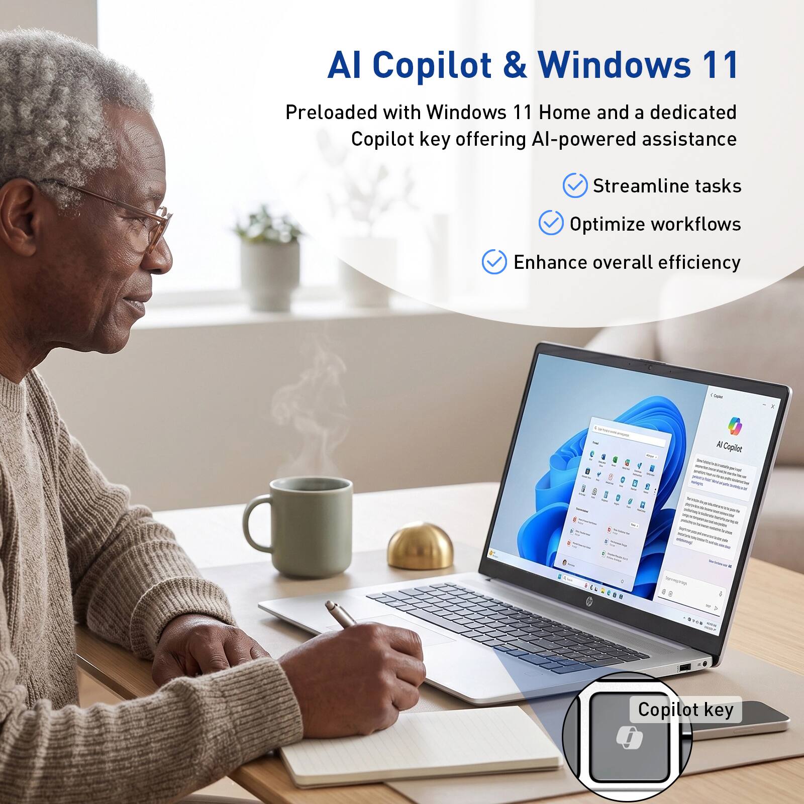 AI Copilot & Windows 11

Preloaded with Windows 11 Home and a dedicated Copilot key offering AI-powered assistance

- Streamline tasks
- Optimize workflows
- Enhance overall efficiency

Copilot key