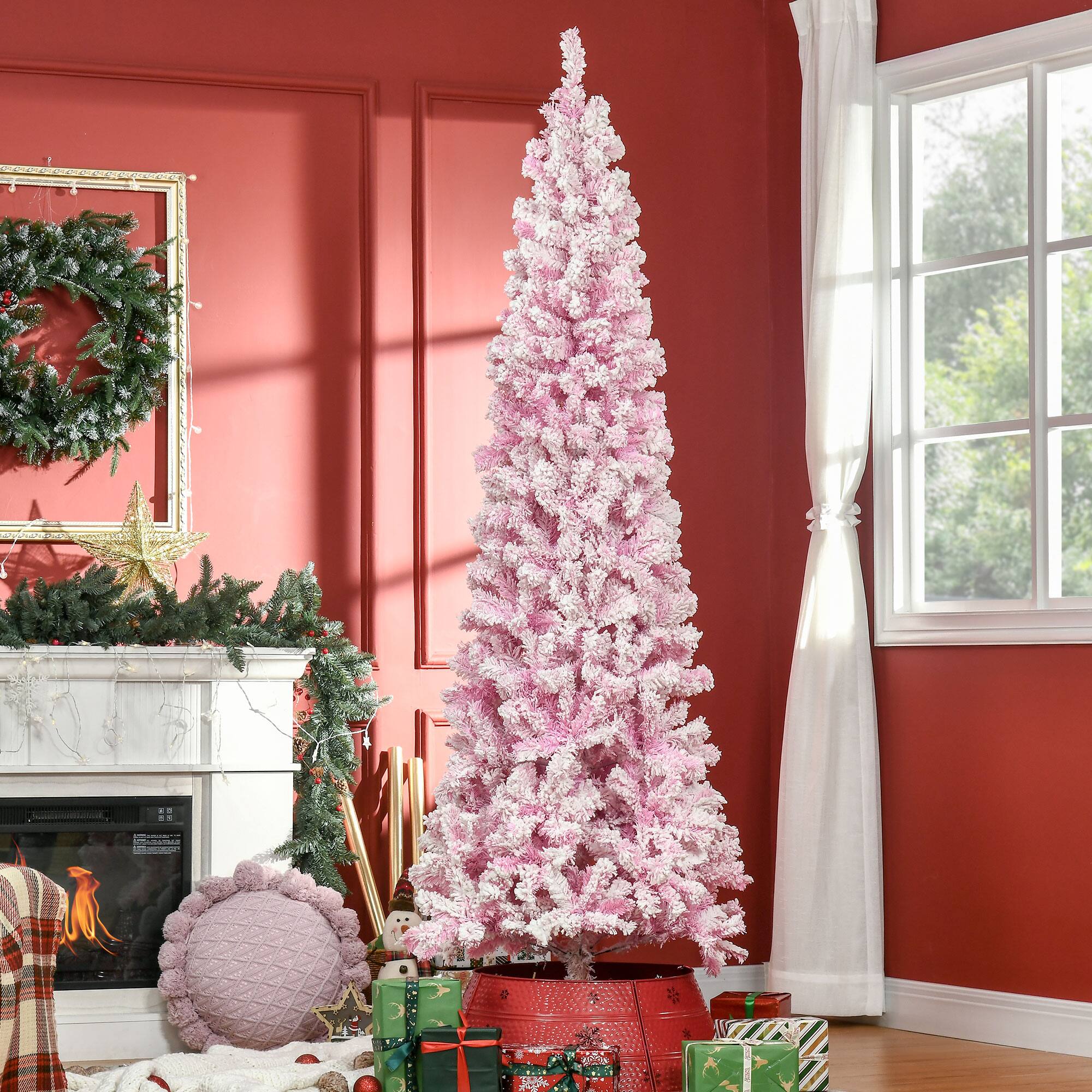 Alt View 1. Homcom - Unlit Snow Flocked Slim Pencil Christmas Tree, Pine Realistic Branches - Pink.