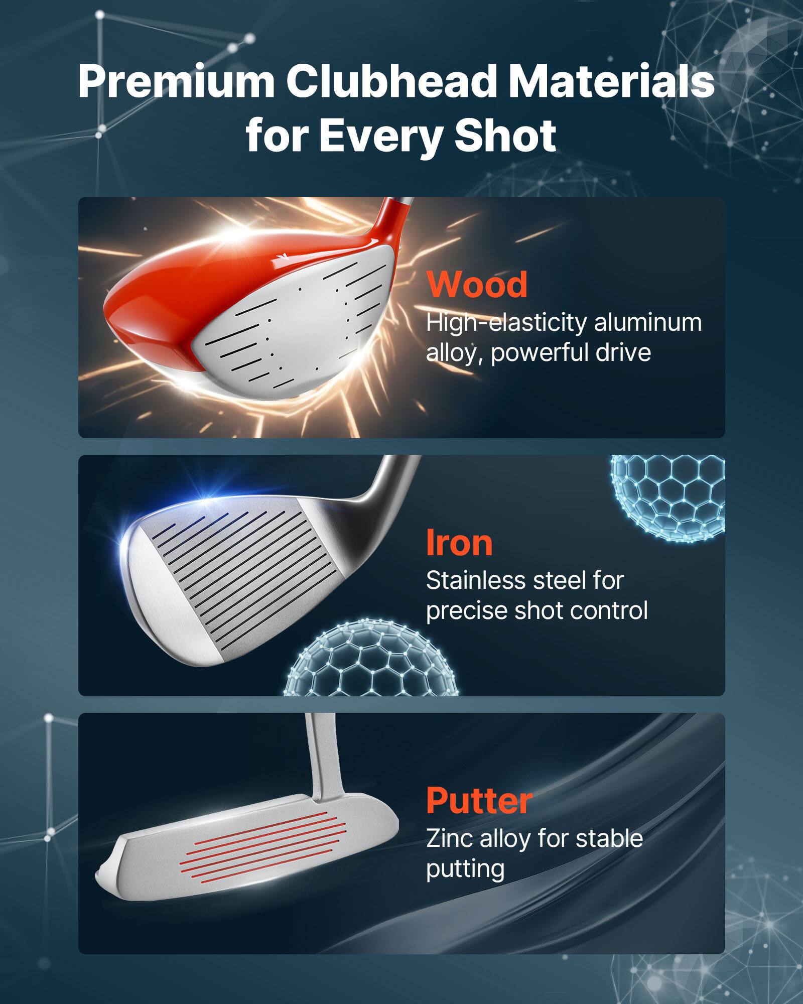 Premium Clubhead Materials for Every Shot

Wood  
High-elasticity aluminum alloy, powerful drive

Iron  
Stainless steel for precise shot control

Putter  
Zinc alloy for stable putting