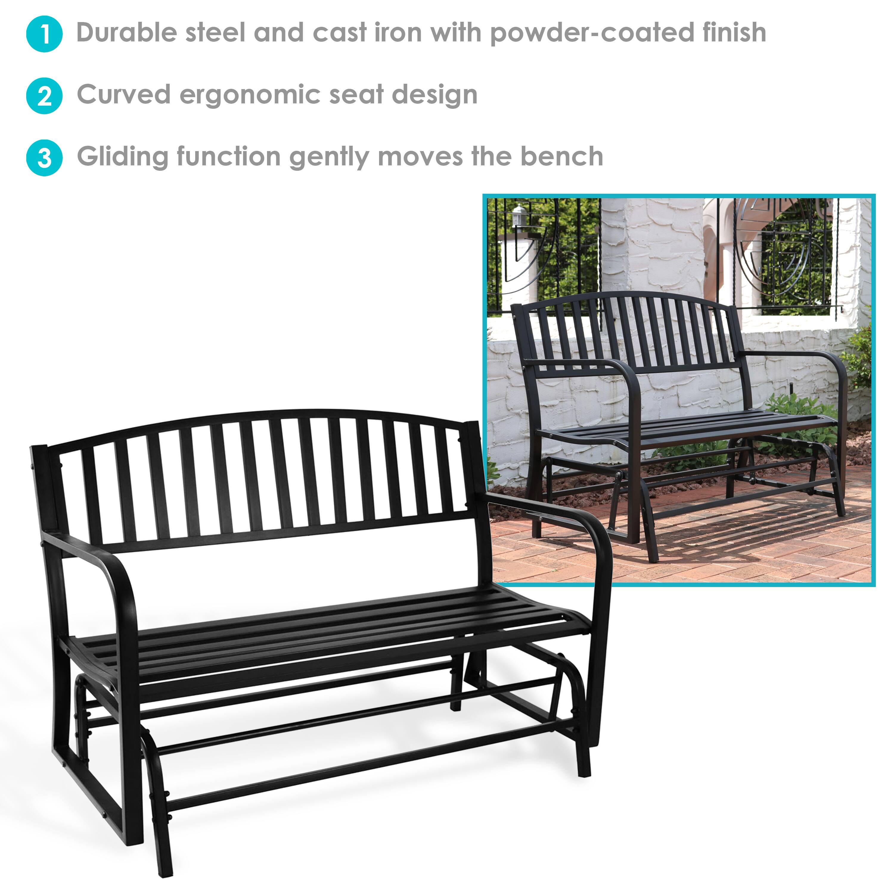 1. Durable steel and cast iron with powder-coated finish  
2. Curved ergonomic seat design  
3. Gliding function gently moves the bench