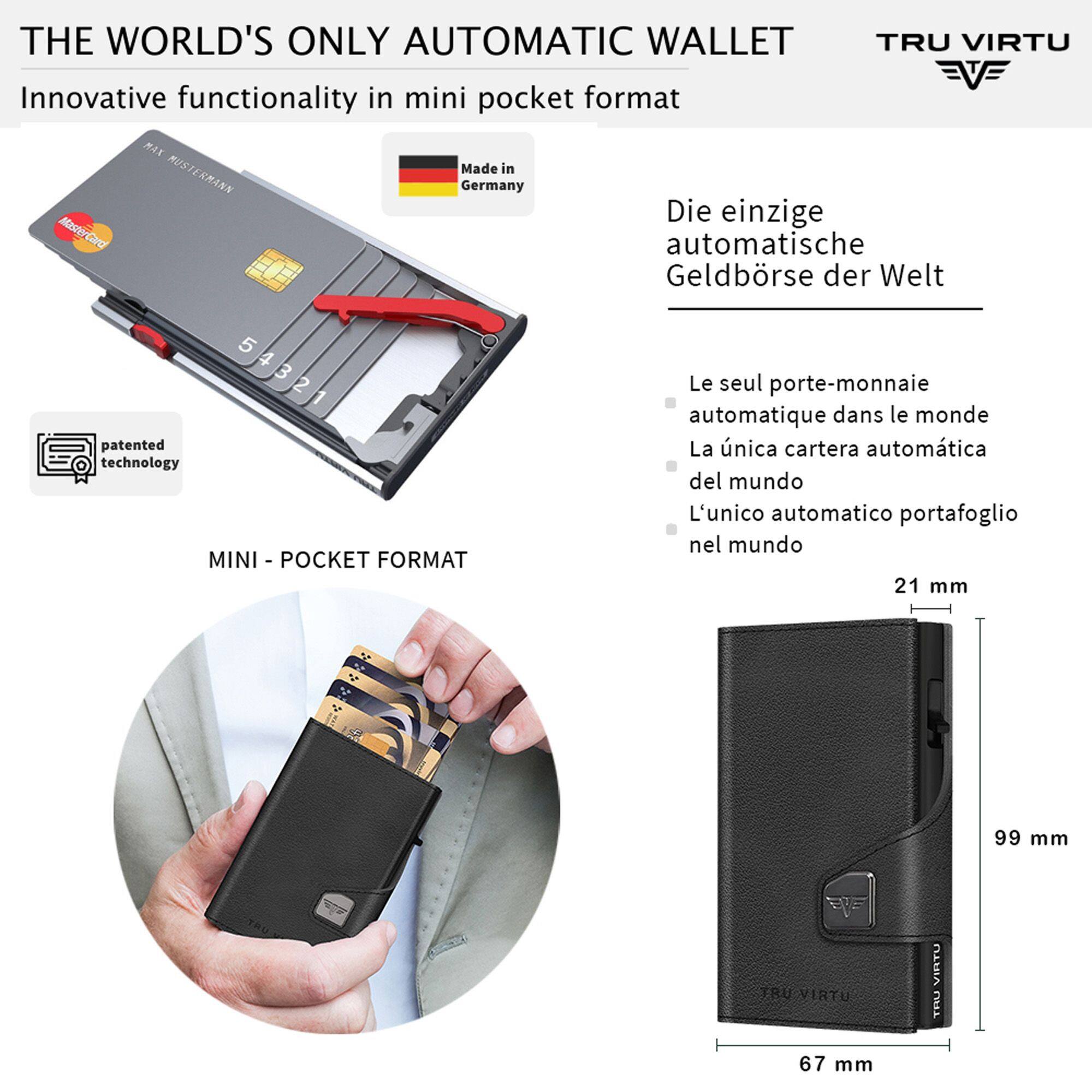 THE WORLD'S ONLY AUTOMATIC WALLET TRU VIRTU  
Innovative functionality in mini pocket format  
MAX  
Made in MUSTERMANN Germany  
Die einzige MasterCard automatische Geldbörse der Welt  
5 4 3 2 patented technology MINI - POCKET FORMAT  
Le seul porte-monnaie automatique dans le monde  
La única cartera automática del mundo  
L'unico automatico portafoglio nel mondo  
21 mm  
99 mm  
TRU VIRTU 67 mm  
VIRTU TRU