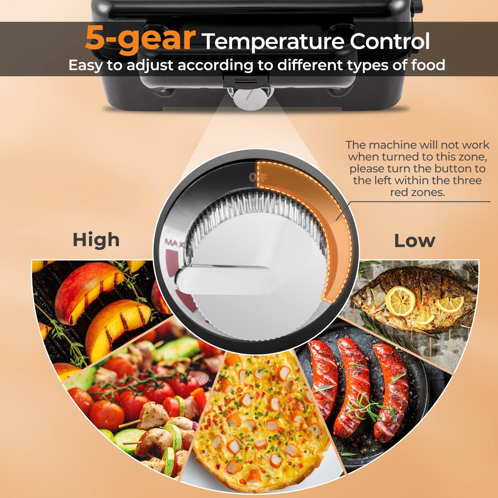 5-gear Temperature Control  
Easy to adjust according to different types of food  

The machine will not work when turned to this zone, please turn the button to the left within the three red zones.  

High  
Low