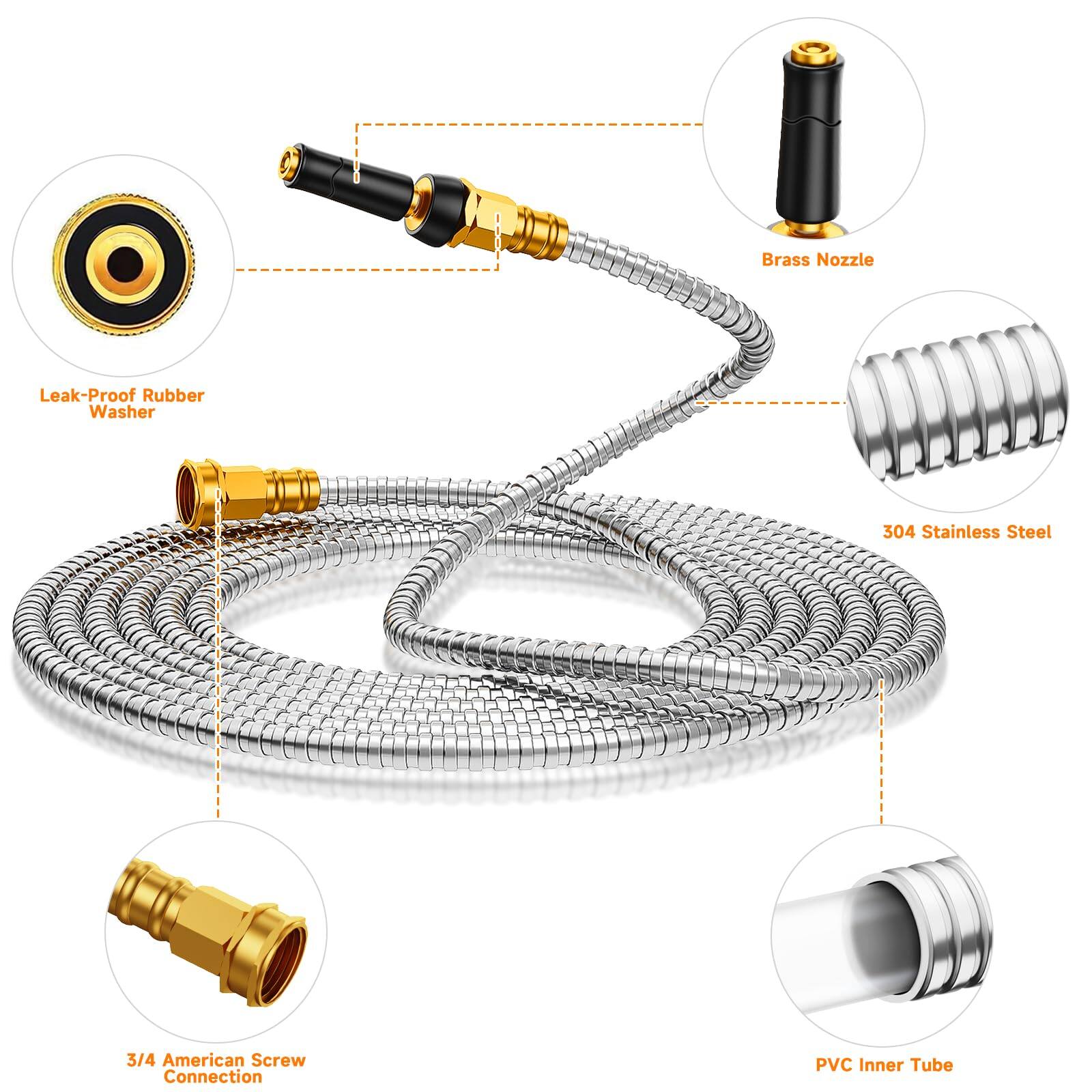 - Brass Nozzle
- Leak-Proof Rubber Washer
- 304 Stainless Steel
- 3/4 American Screw Connection
- PVC Inner Tube