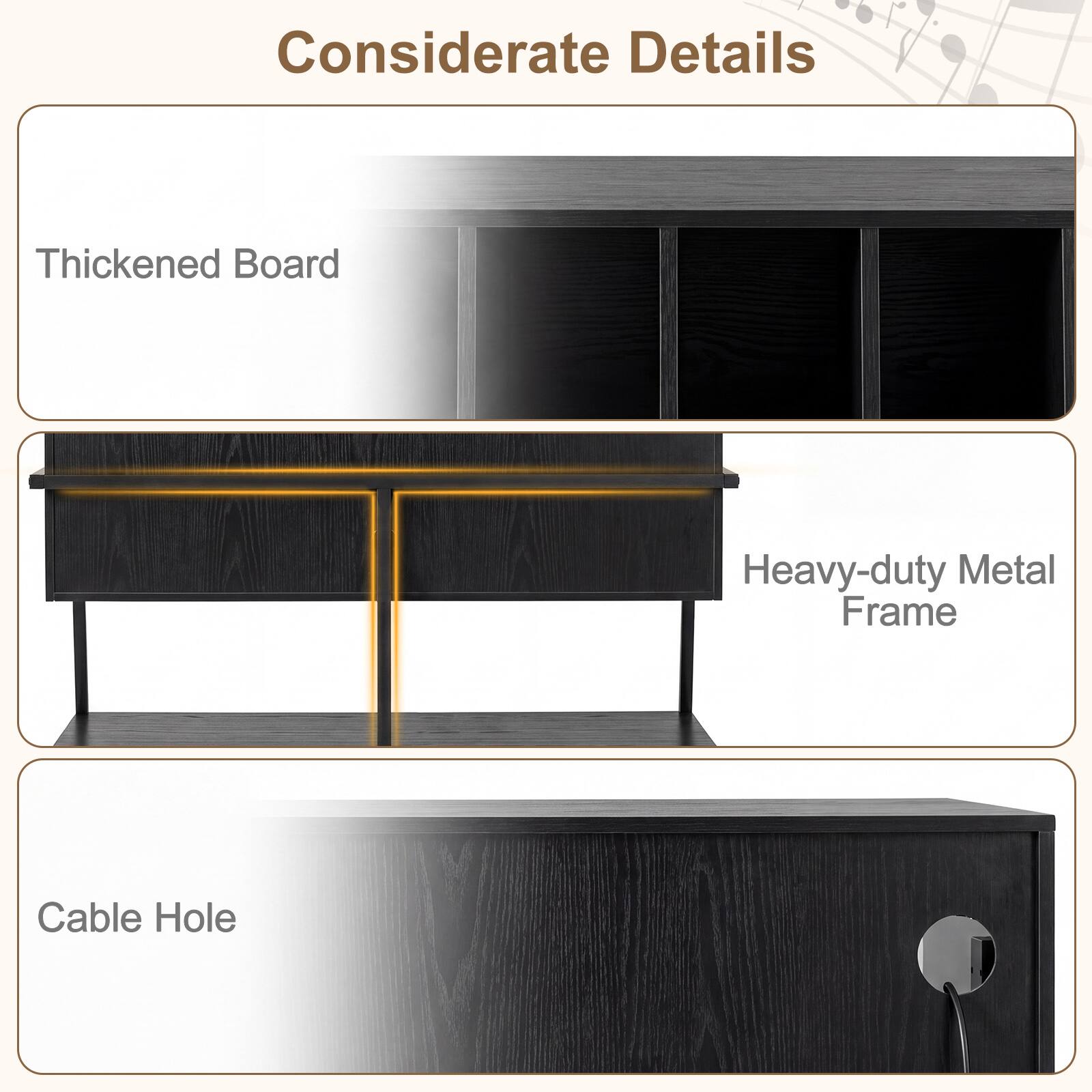 Considerate Details

- Thickened Board
- Heavy-duty Metal Frame
- Cable Hole