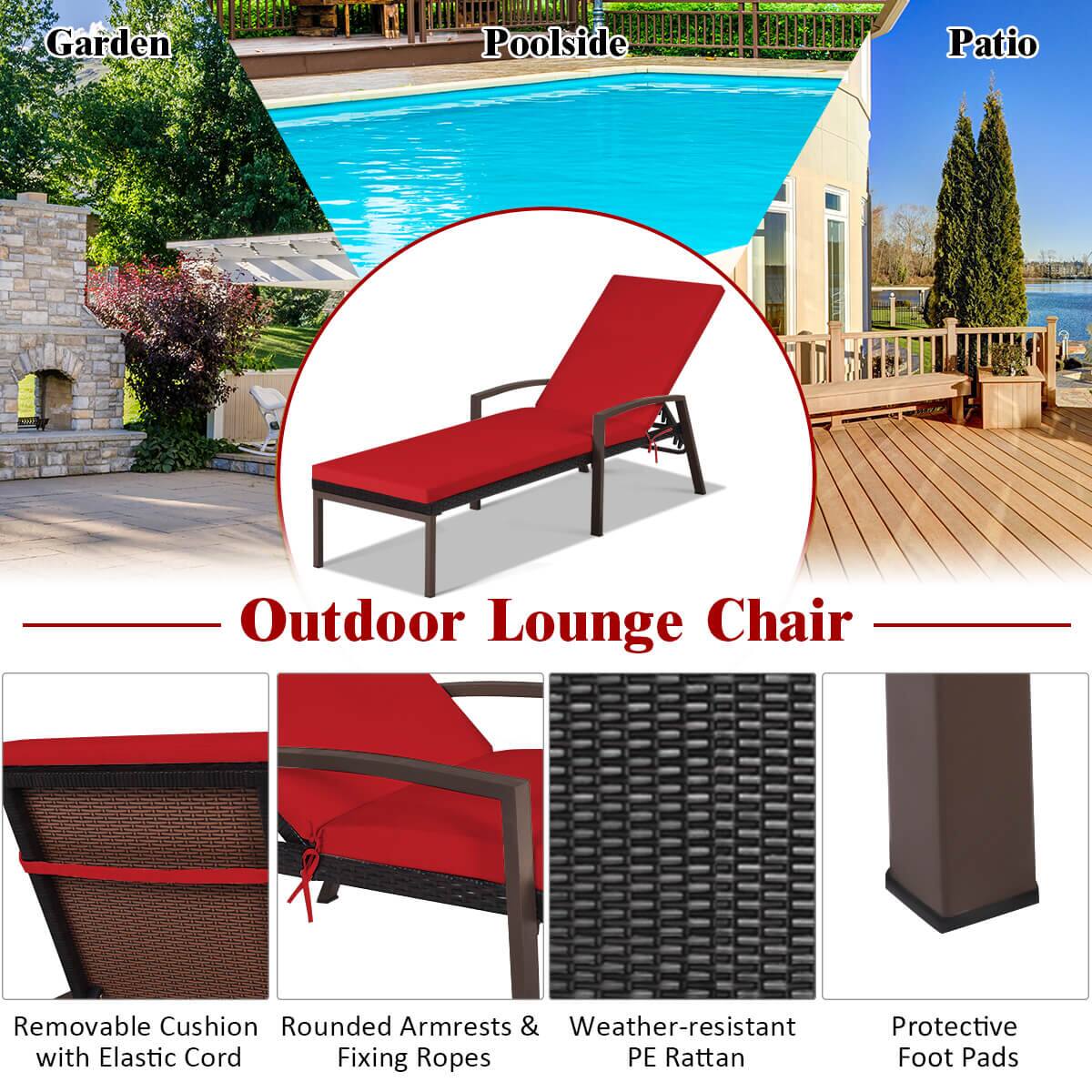 Outdoor Lounge Chair
Removable Cushion with Elastic Cord
Rounded Armrests & Fixing Ropes
Weather-resistant PE Rattan
Protective Foot Pads