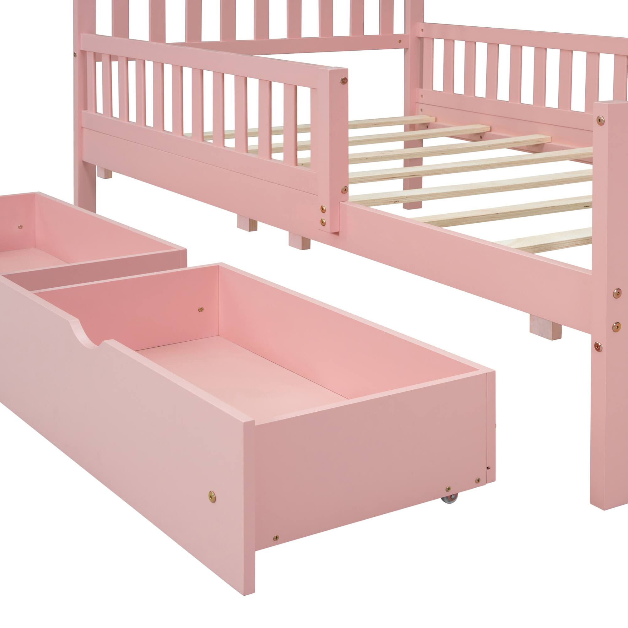Alt View 5. GOODSILO - Twin Size Wood Platform Bed with Dual Guardrails and Underbed Storage Drawers for Enhanced Safety and Organization - Pink.