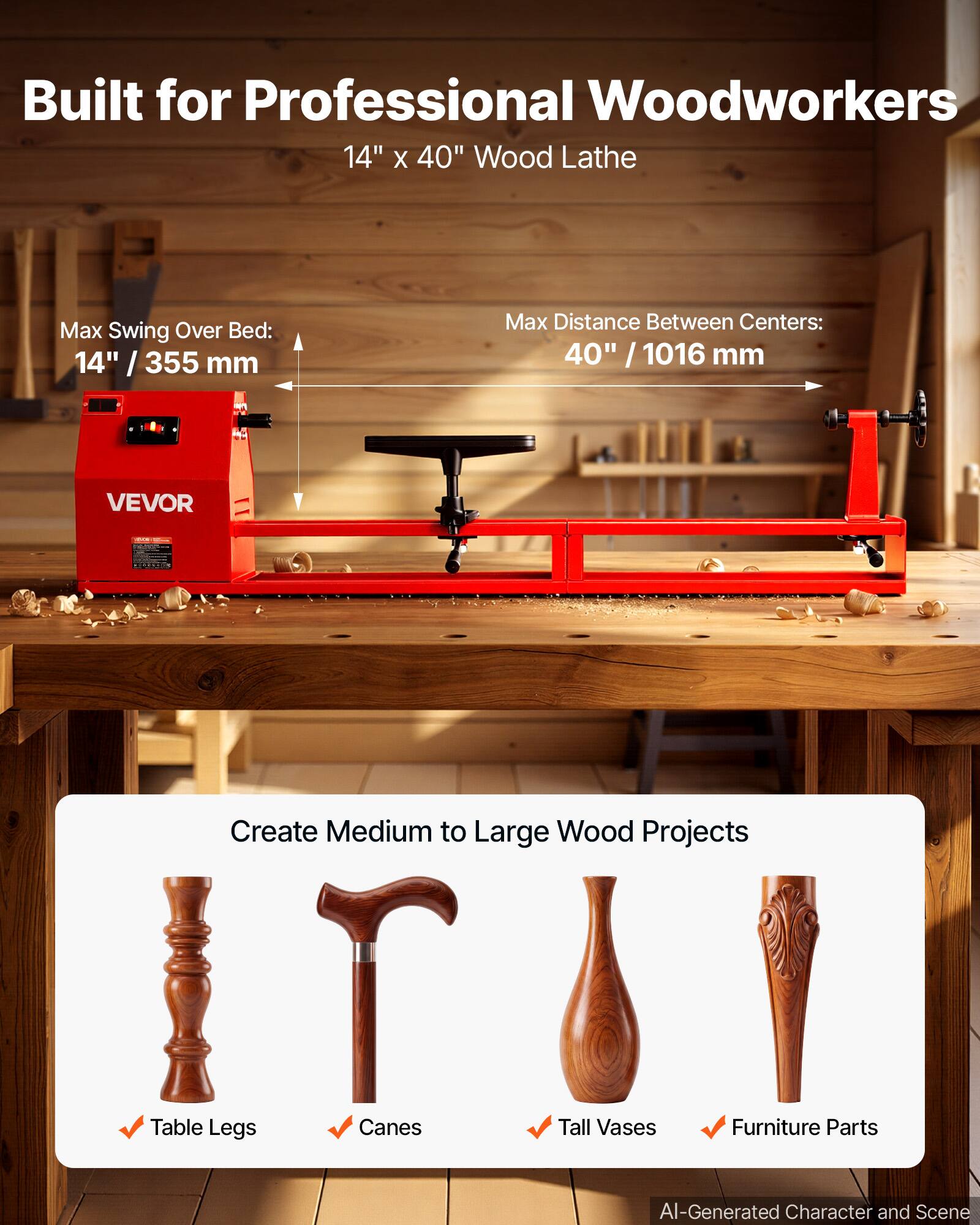 Built for Professional Woodworkers  
14" x 40" Wood Lathe  
Max Swing Over Bed: 14" / 355 mm  
Max Distance Between Centers: 40" / 1016 mm  

VEVOR  

Create Medium to Large Wood Projects  
- Table Legs  
- Canes  
- Tall Vases  
- Furniture Parts  

AI-Generated Character and Scene