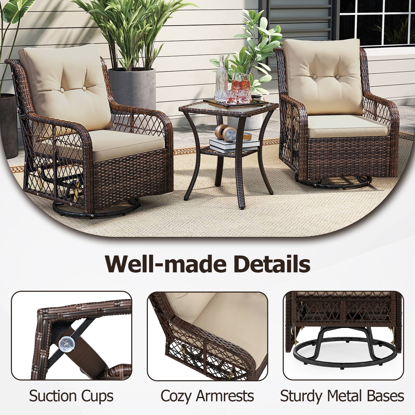 Well-made Details
Suction Cups
Cozy Armrests
Sturdy Metal Bases