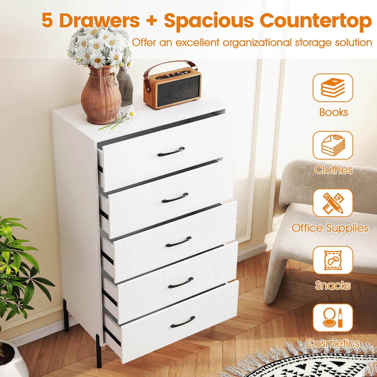 5 Drawers + Spacious Countertop  
Offer an excellent organizational storage solution  

- Books  
- Clothes  
- Office Supplies  
- Snacks  
- Cosmetics