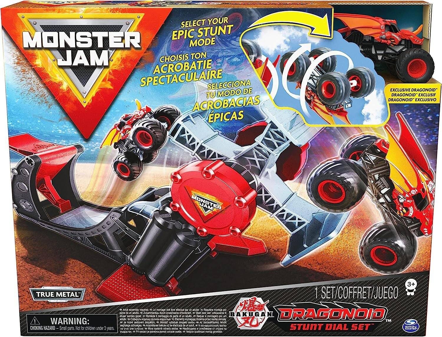 SELECT YOUR EPIC STUNT MODE  
CHOISIS TON ACROBATIE SPECTACULAIRE  
SELECCIONA TU MODO DE ACROBACIAS EPICAS  

EXCLUSIVE DRAGONOID  
DRAGONOID EXCLUSIF  
DRAGONOID EXCLUSIVO  

MONSTER JAM  

TRUE METAL!  
WARNING: CHOKING HAZARD - Small parts. Not for children under 3 years.  

1 SET/COFFRET/JUEGO  

BAKUGAN DRAGONOID TM STUNT DIAL SET