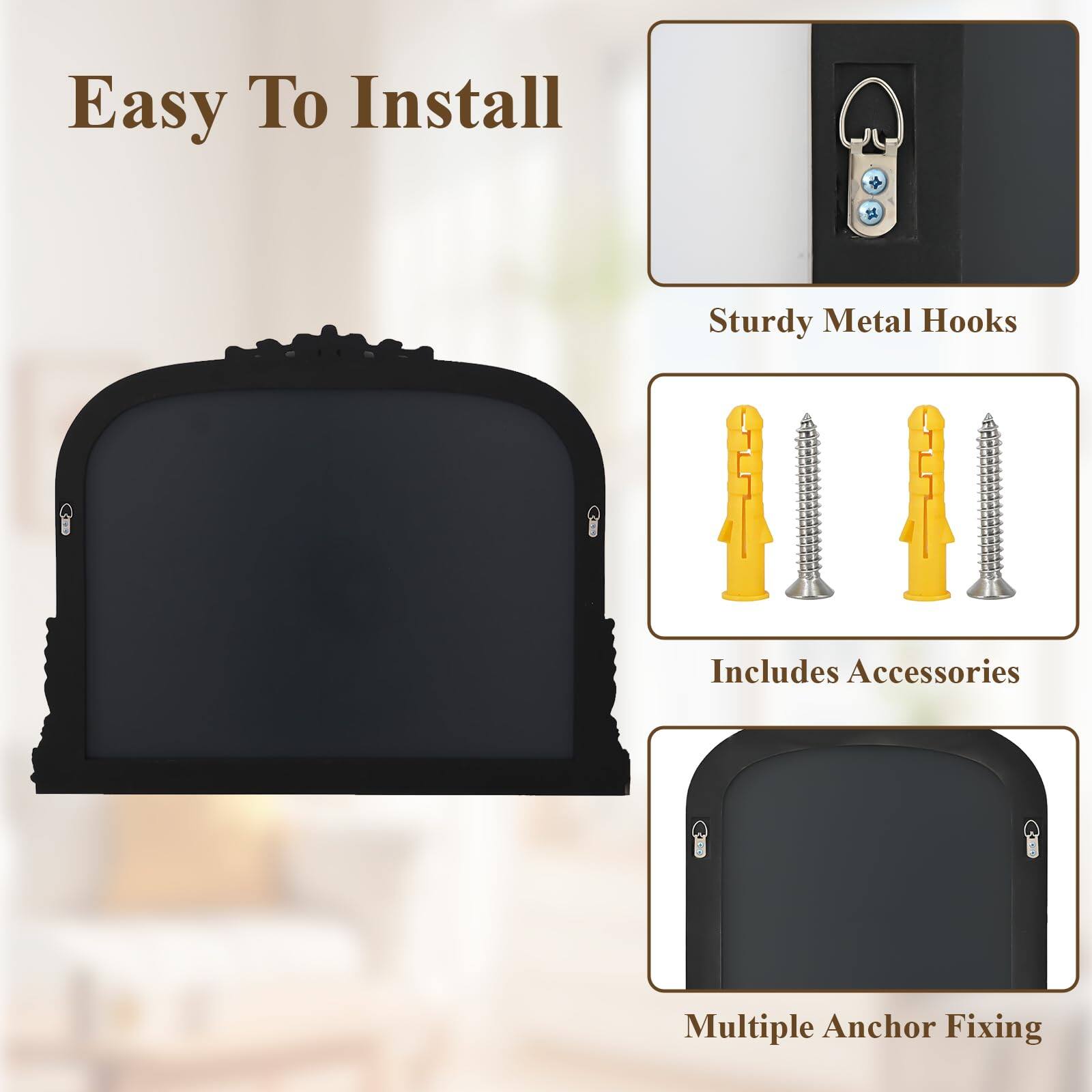 Easy To Install  
Sturdy Metal Hooks  
Includes Accessories  
Multiple Anchor Fixing
