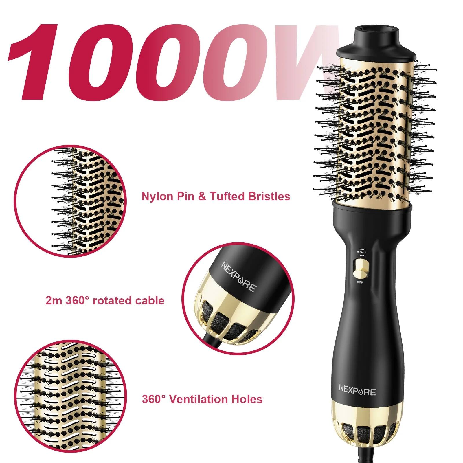 1000W

Nylon Pin & Tufted Bristles

2m 360° Rotated Cable

360° Ventilation Holes

NEXPORE