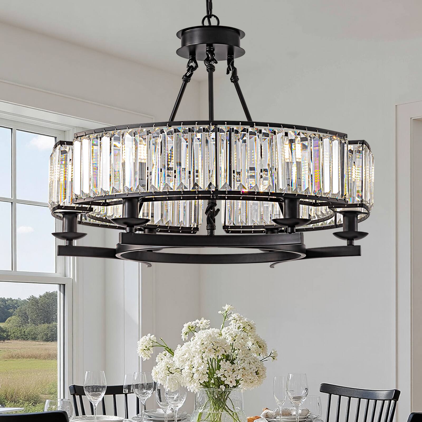 Left. Siljoy - 23.6" Black Farmhouse 6-Light Round Crystal Chandelier Adjustable Chain for Dining Room Kitchen Island Foyer - Black.