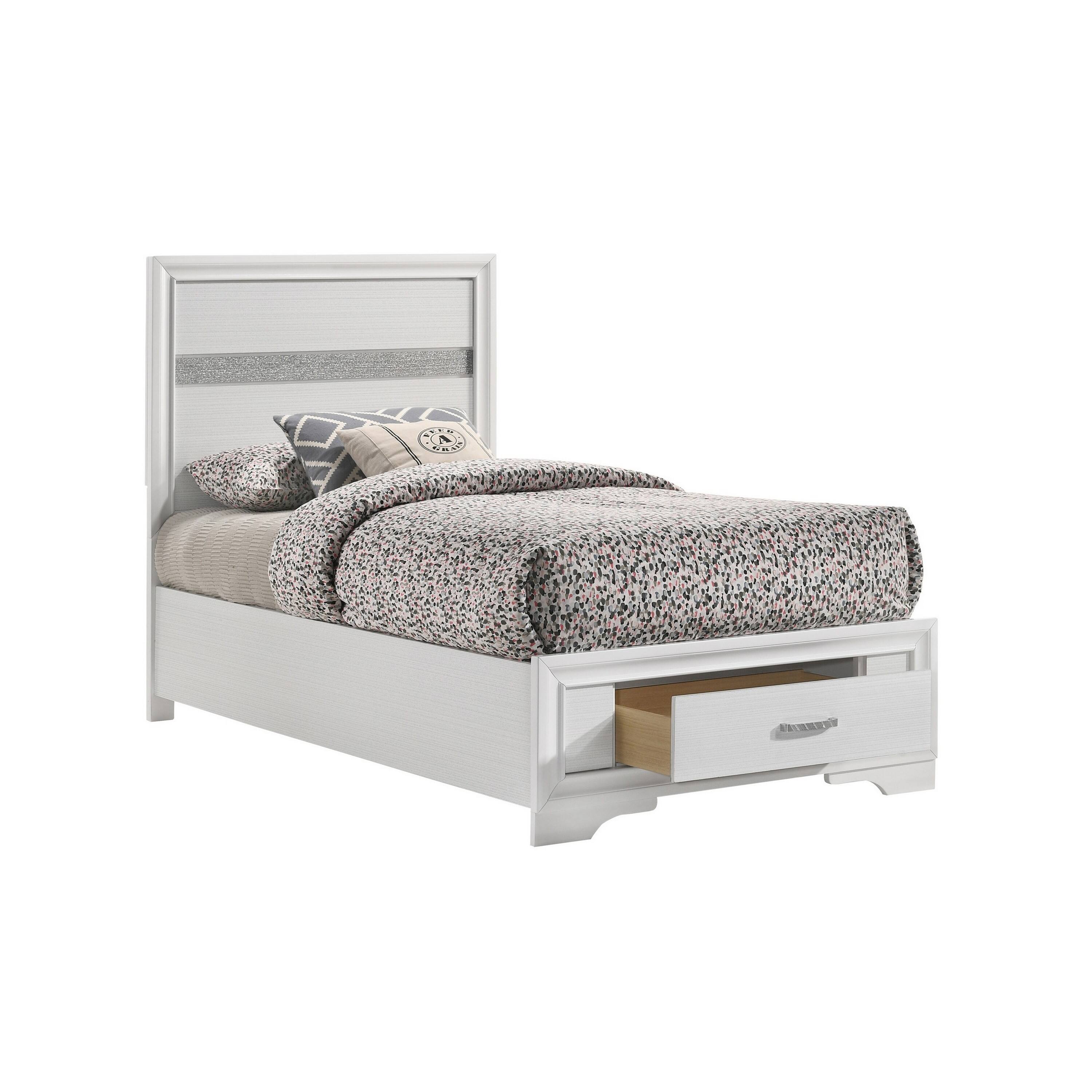 Front. Manhattan Lane - Vino Twin Size Panel Bed with 2 Storage Drawers, Acrylic Glitter - White, Silver.