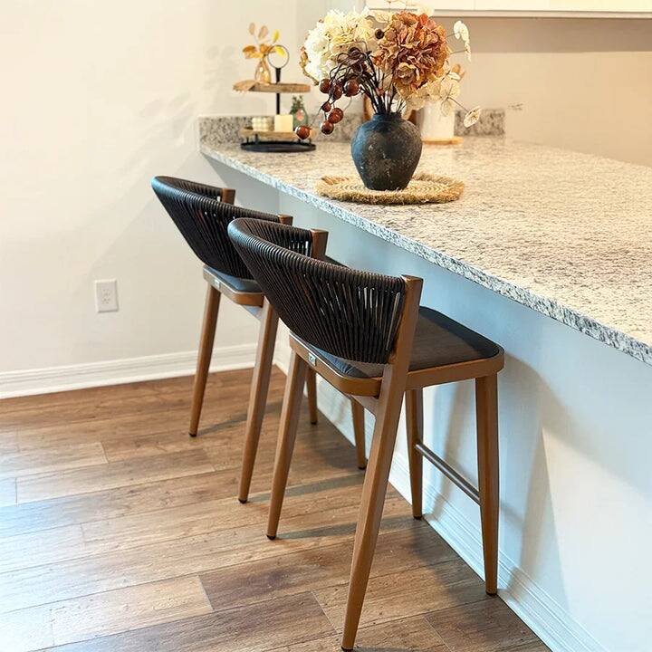 Alt View 1. PURPLE LEAF - Outdoor Bar Stool Set of 2 Rattan Bar Stools with Back Metal Bar Height Stool Outdoor Bar Chair for Garden Kitchen - Brown-Counter Height.